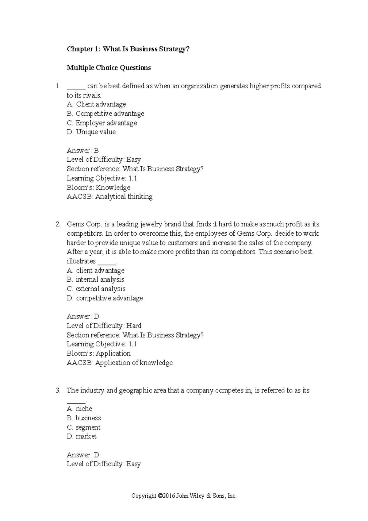 Chapter 1 - Multiple Choice - Chapter 1: What Is Business Strategy ...