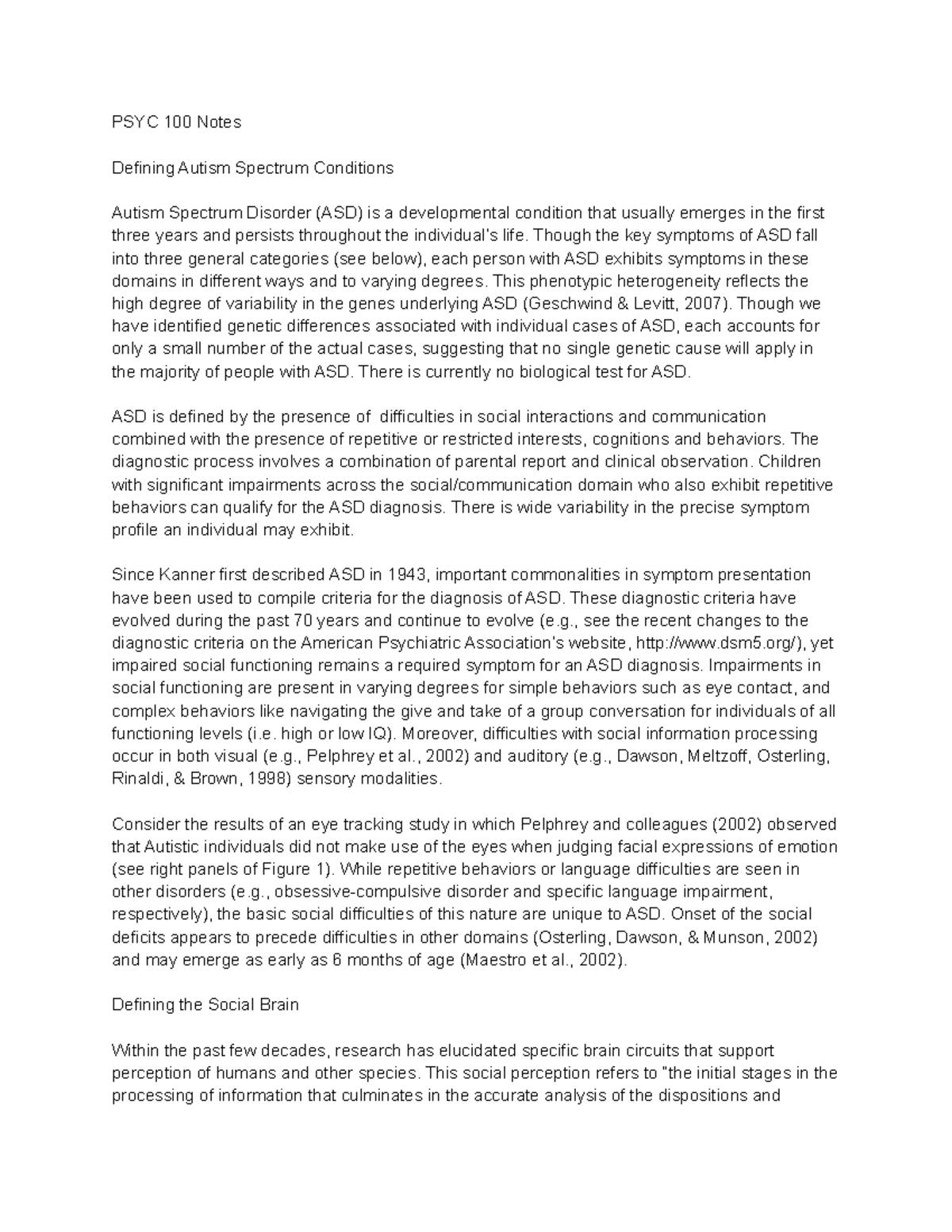PSYC 100 Notes - Part 3 - PSYC 100 Notes Defining Autism Spectrum ...