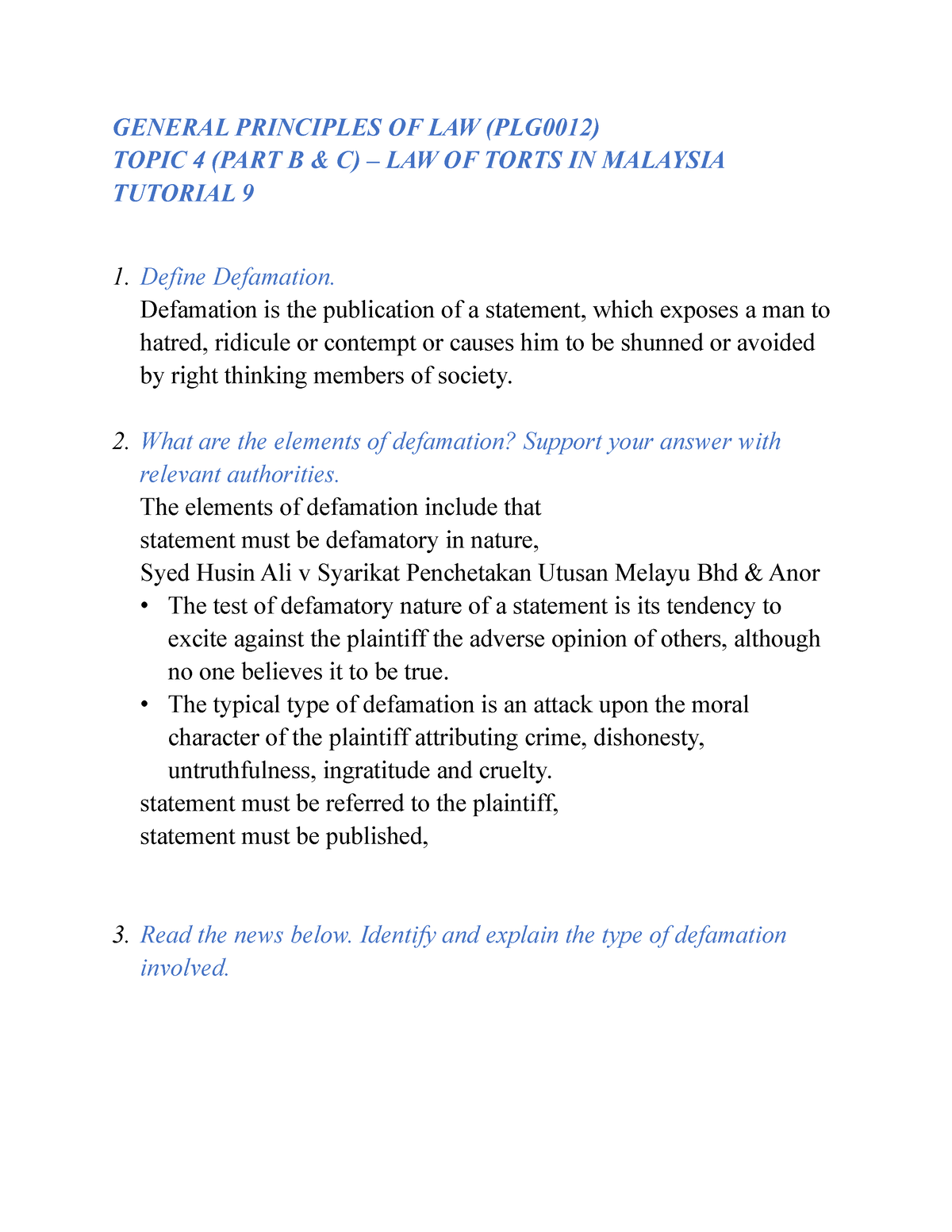 TUT 9 - Topic 4 (PART B C) - Heyy - GENERAL PRINCIPLES OF LAW (PLG0012) TOPIC 4 (PART B & C ...