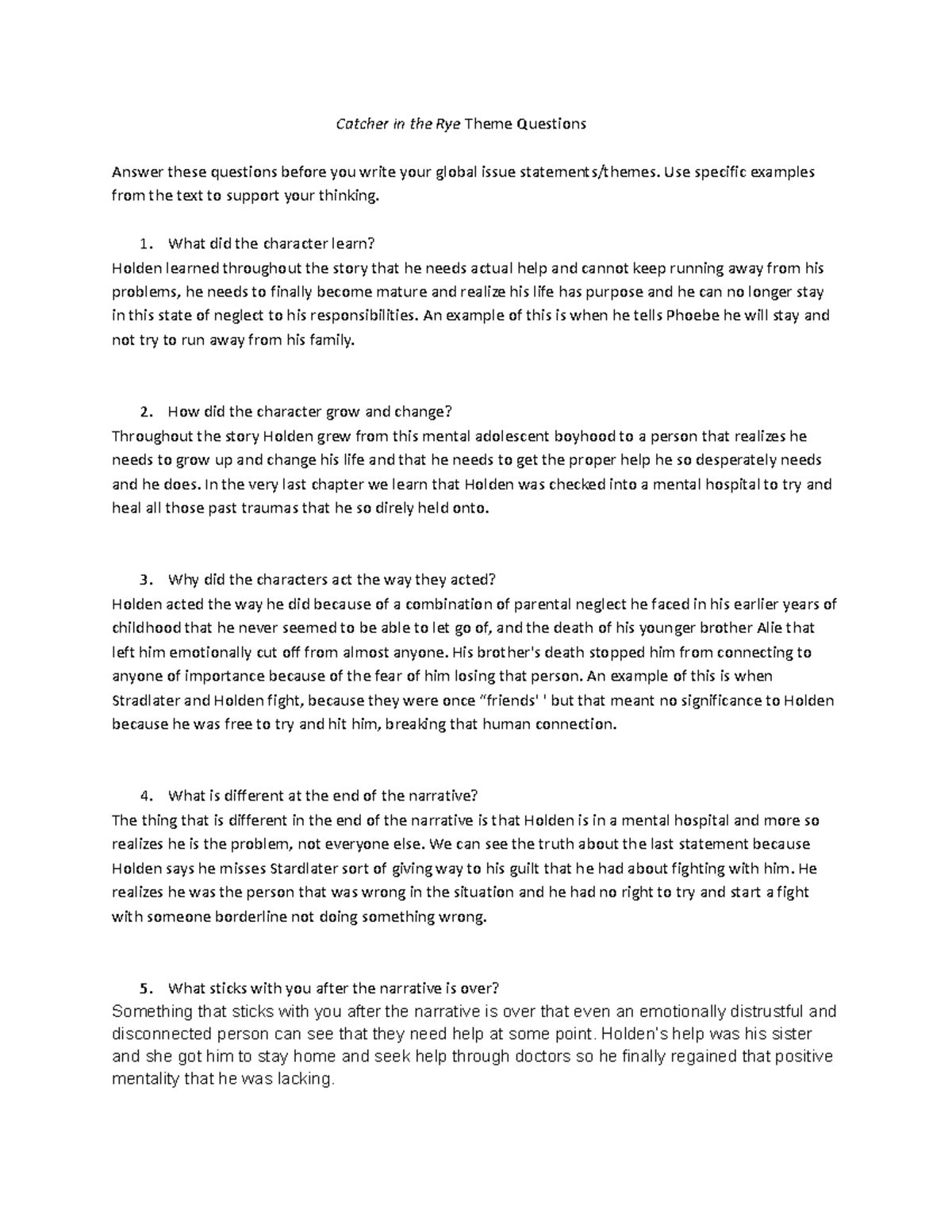 Catcher in the Rye Theme Questions Use specific examples from the text to support your