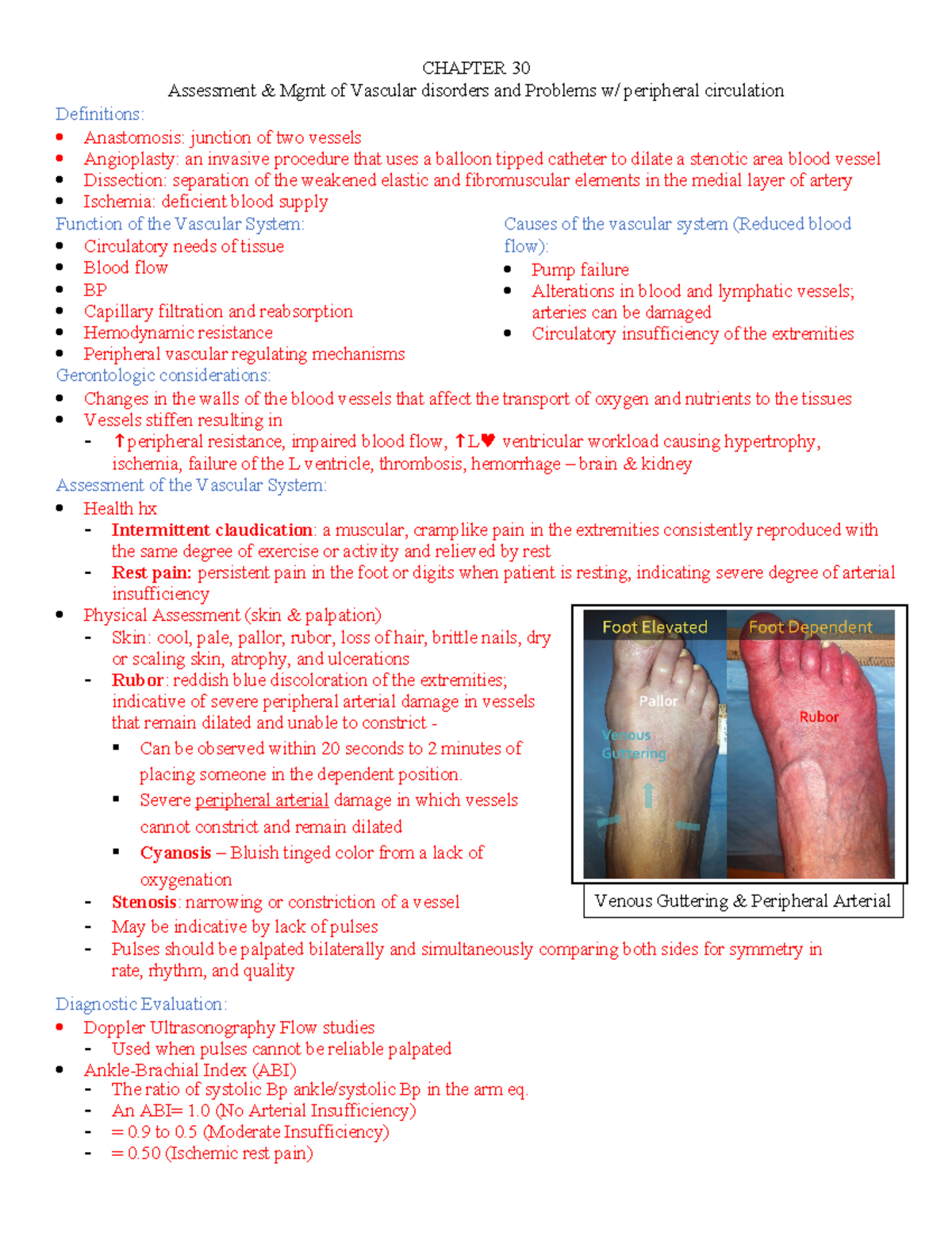 MED SURG BRUNNER CH 30 NOTES - CHAPTER 30 Assessment & Mgmt Of Vascular ...