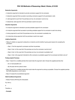 PHI 103 - Week 2 Notes - PHI 103 Methods of Reasoning: Week 2, 9/7 ...