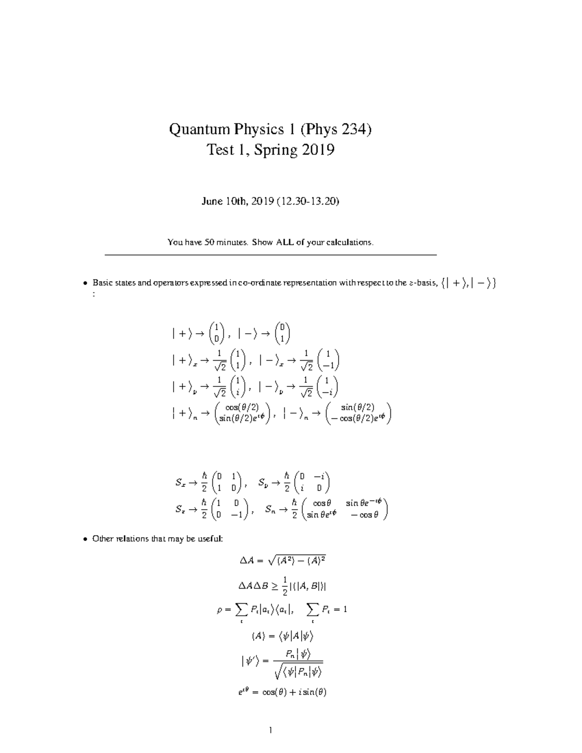 Test 1-234-S19-solutions - Quantum Physics 1 (Phys 234) Test 1, Spring ...