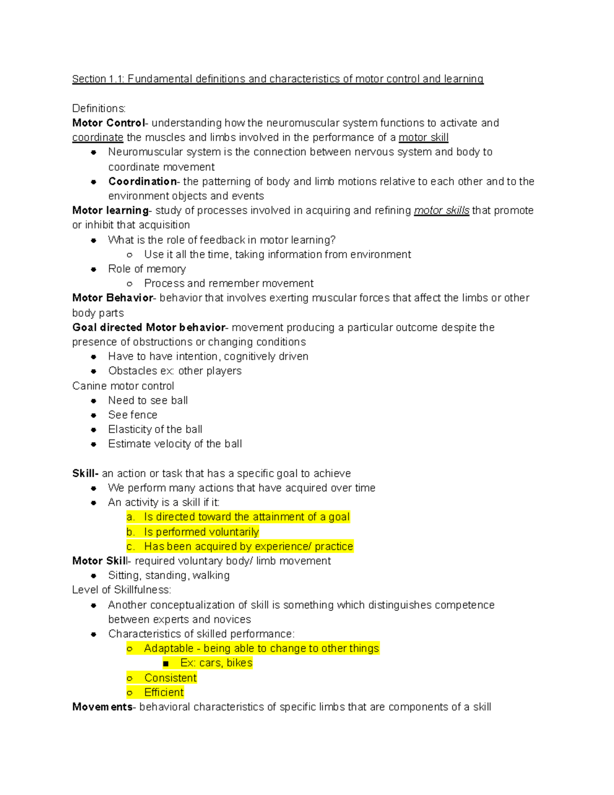 Fundamental Definitions and Characteristics of Motor Control and ...