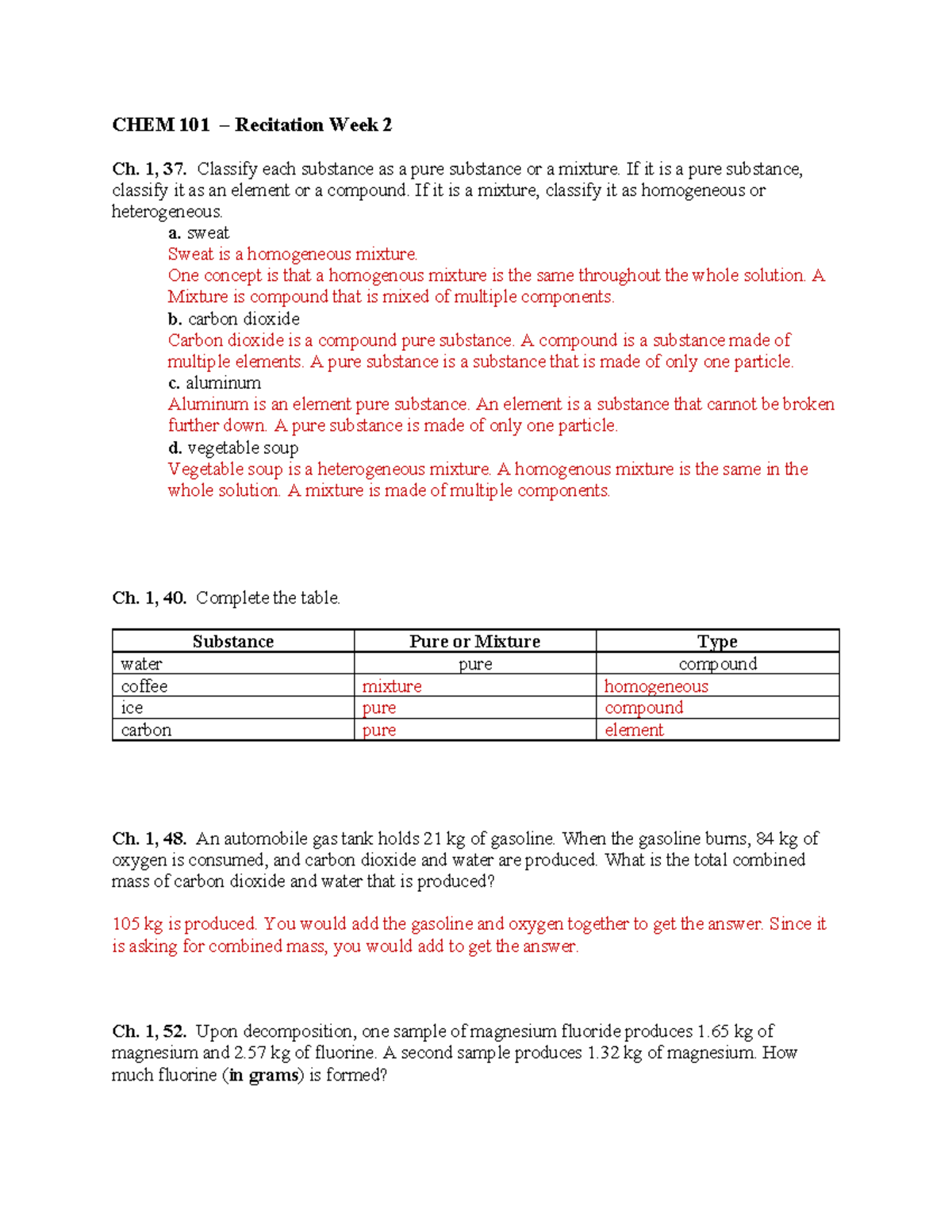 CHEM 101 Recitation W2 - CHEM 101 – Recitation Week 2 Ch. 1, 37 ...