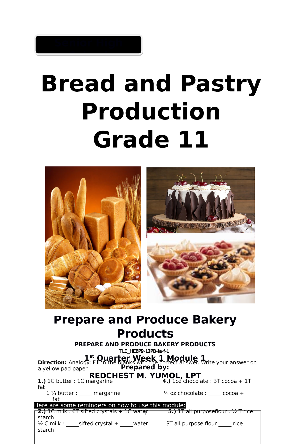 BPP Module WEEK I - Bread And Pastry Production - Prepare And Produce ...