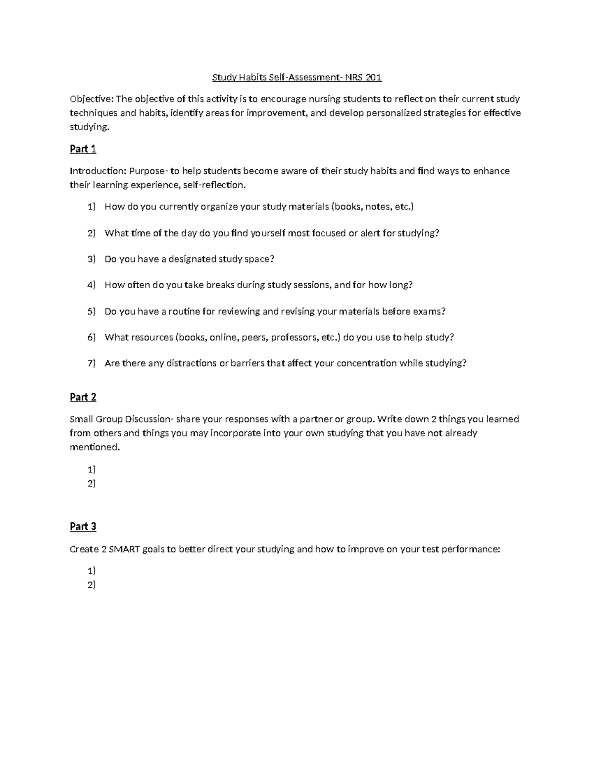 Study Habits Self Reflection- In class - Study Habits Self-Assessment ...