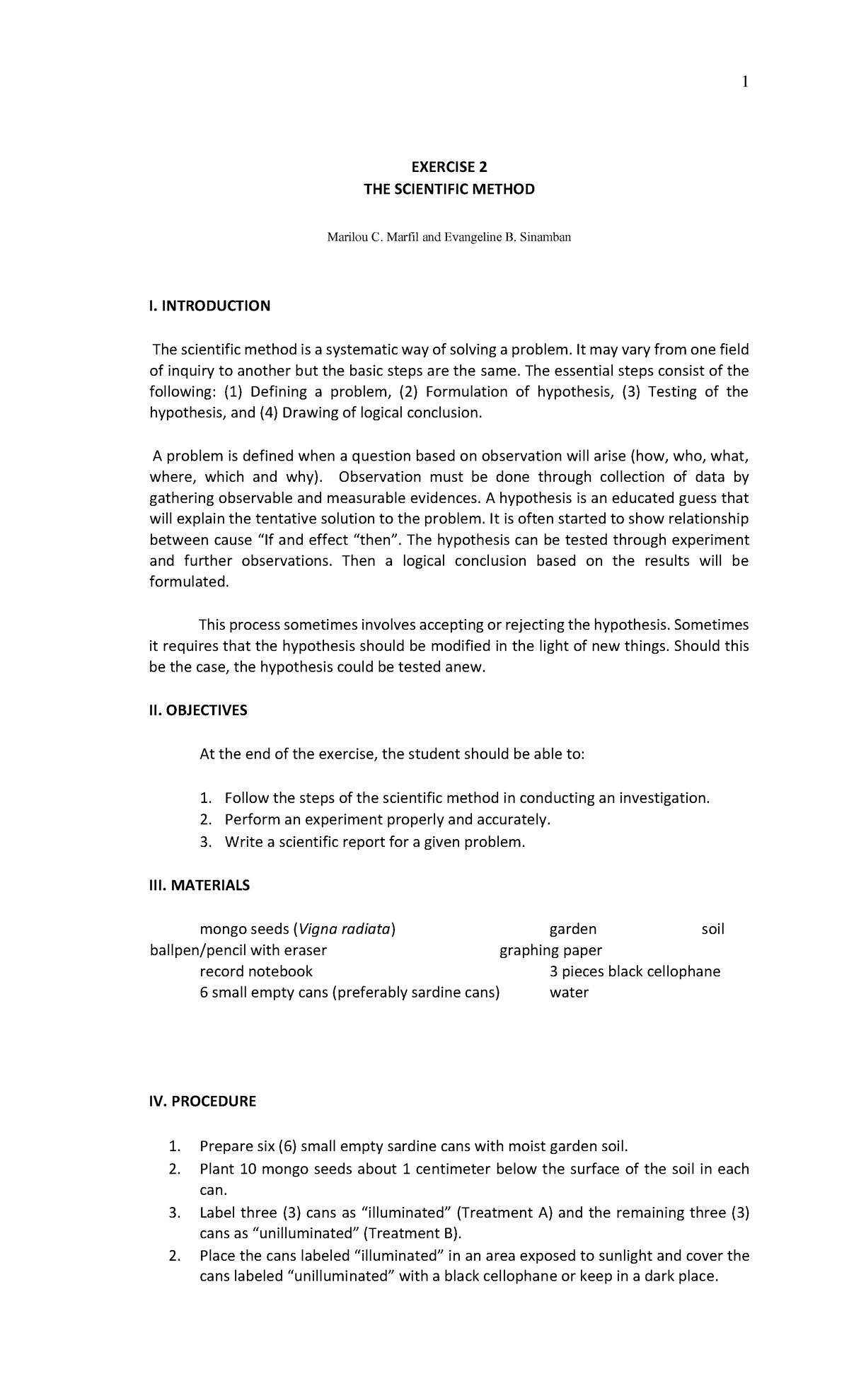Exercise 2 - The Scientific Method (BIO11A) - EXERCISE 2 THE SCIENTIFIC ...