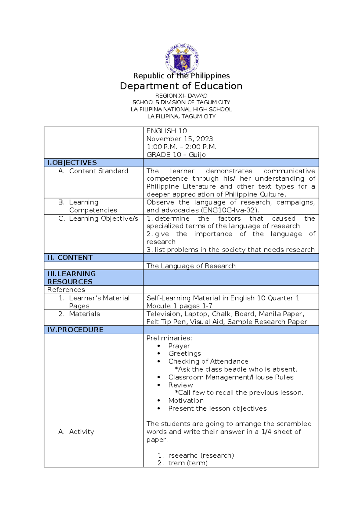 Lesson Plan Day 1 and 2 - Republic of the Philippines Department of ...