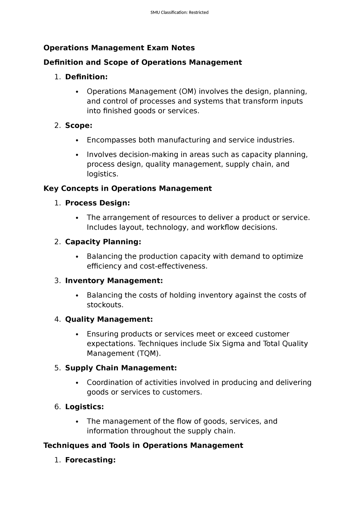 Operations Management Exam Notes - SMU Classification: Restricted ...