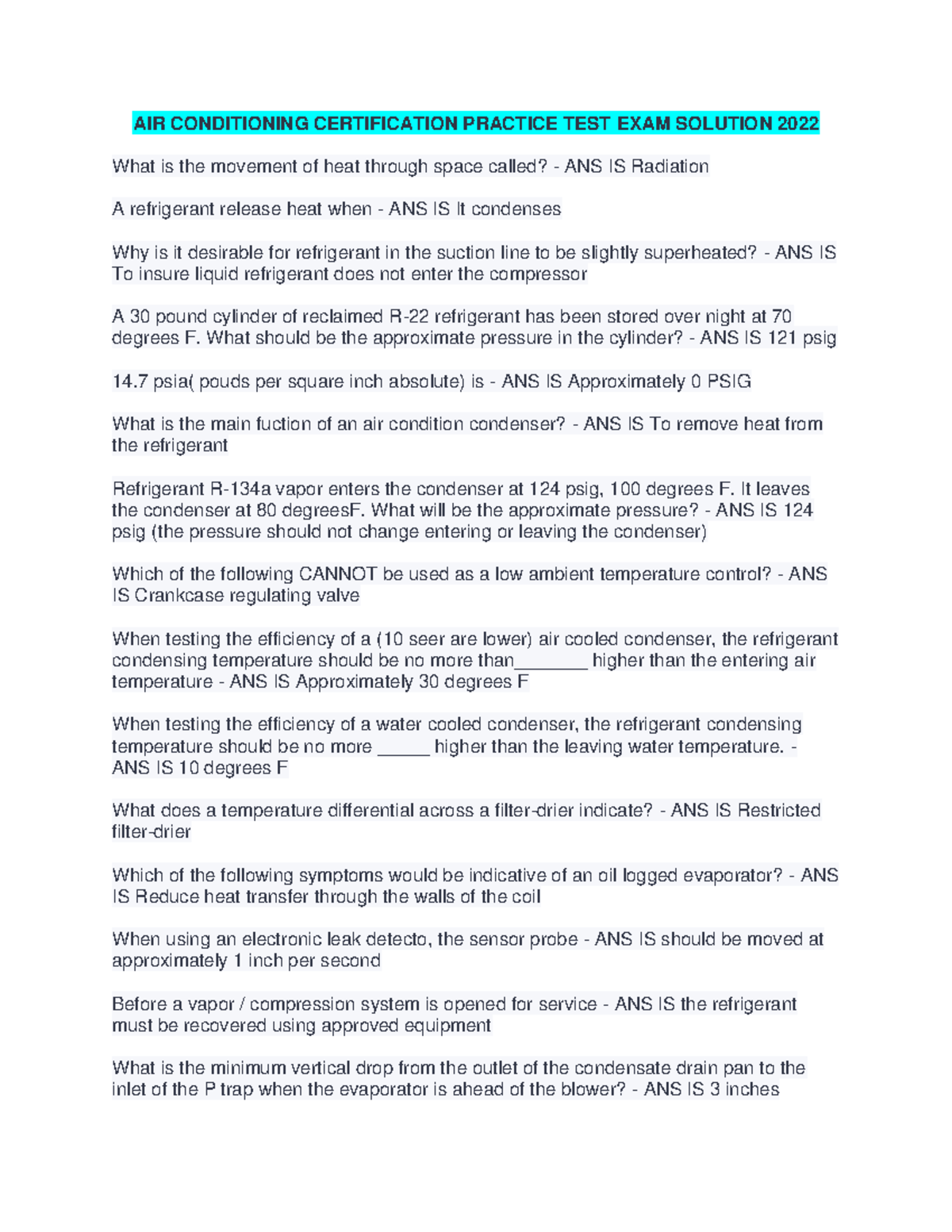 AIR Conditioning Certification Practice TEST EXAM Solution 2022 AIR