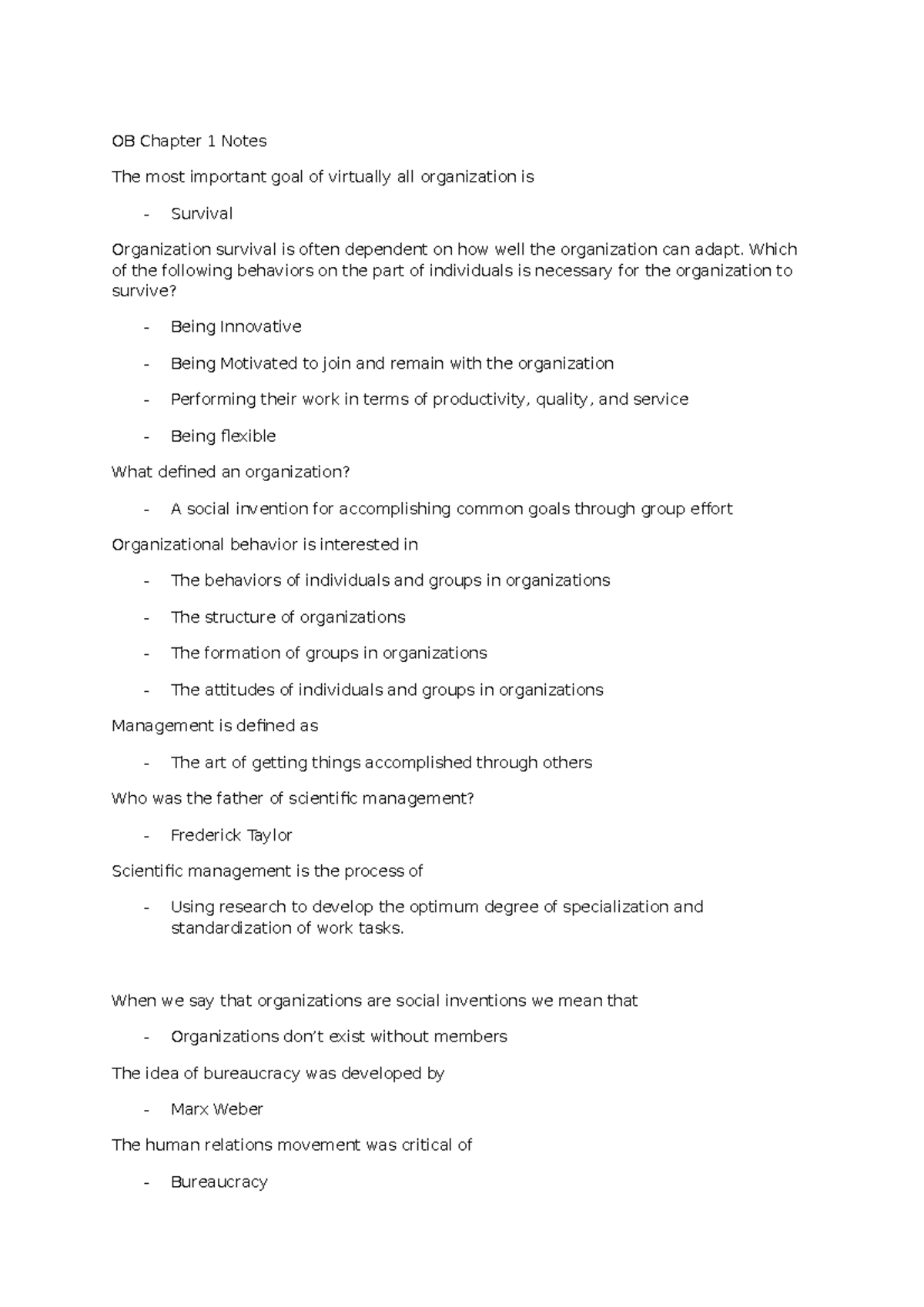 OB Chapter 1 Notes - OB Chapter 1 Notes The most important goal of ...
