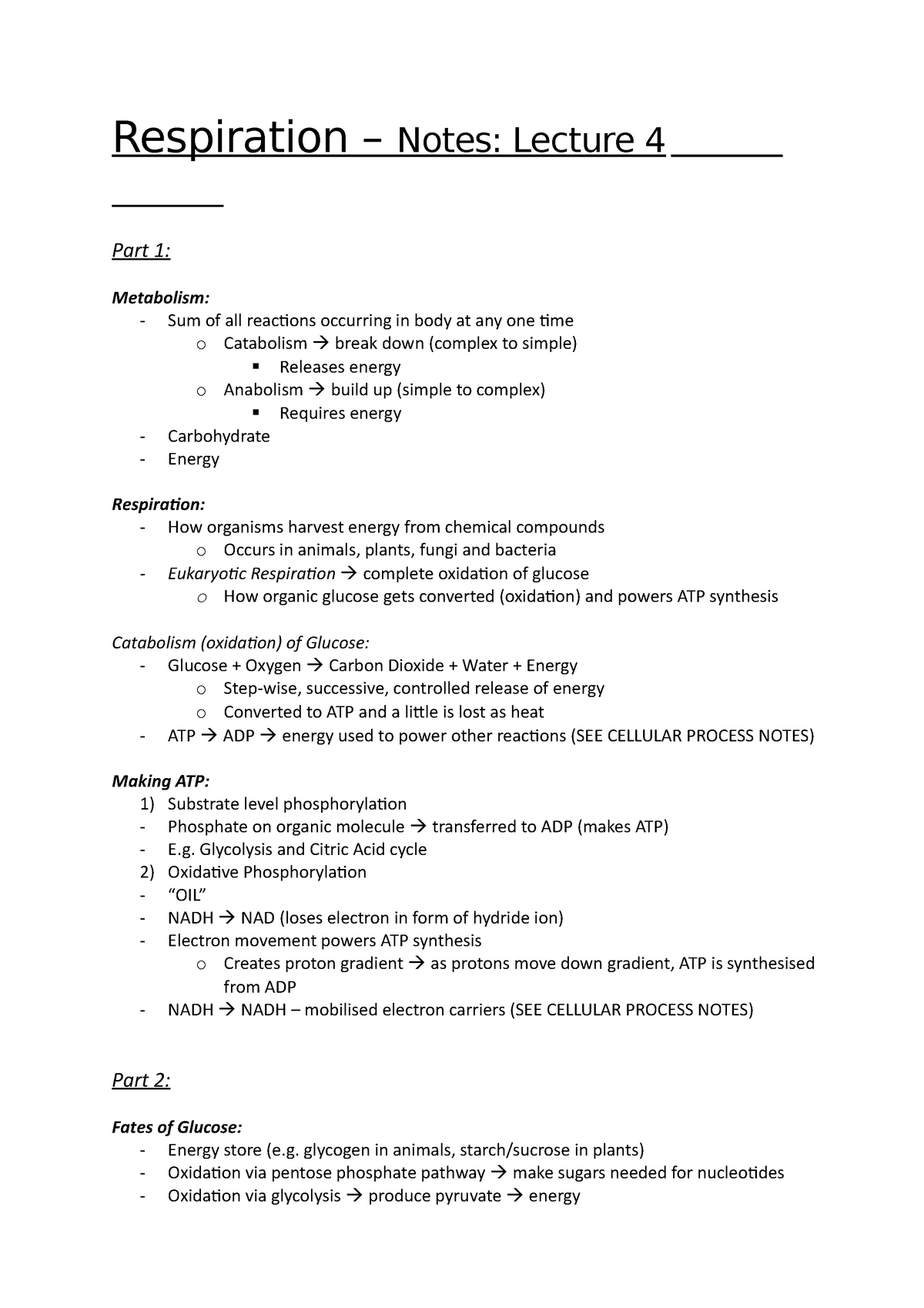 Respiration – Notes - Respiration – Notes: Lecture 4 Part 1: Metabolism ...