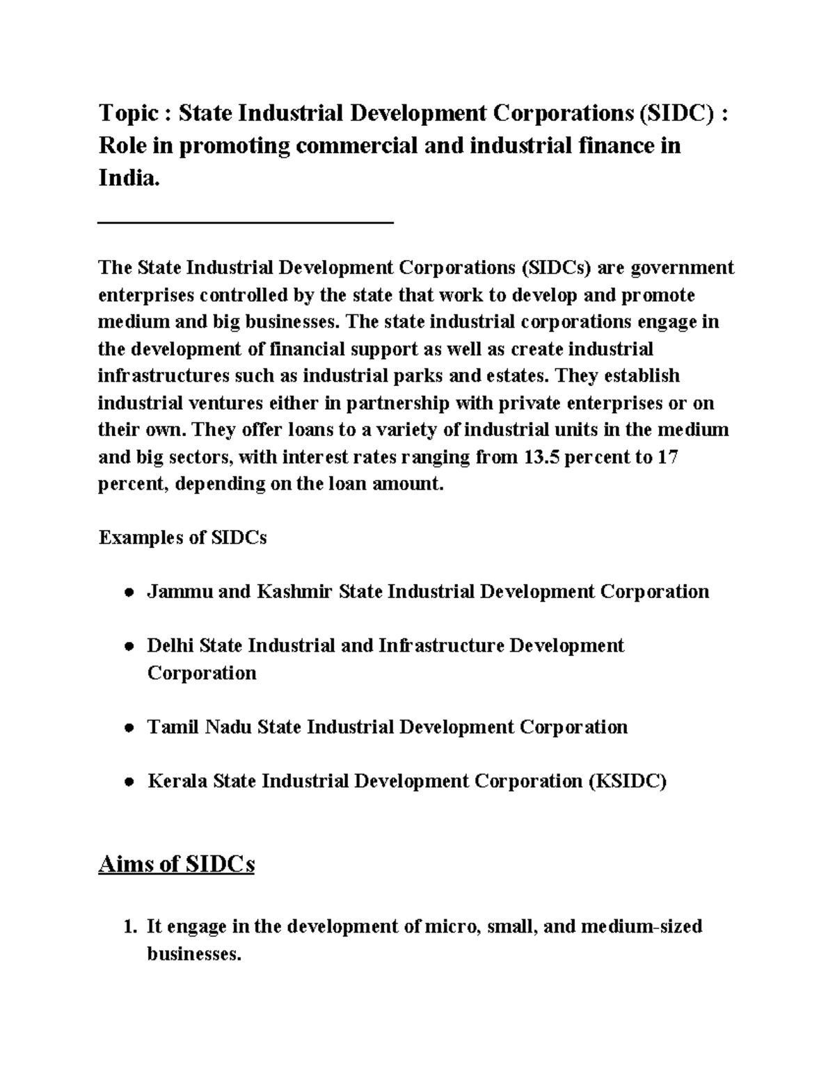 Topic - State Industrial Development Corporations (SIDC) - Role in ...