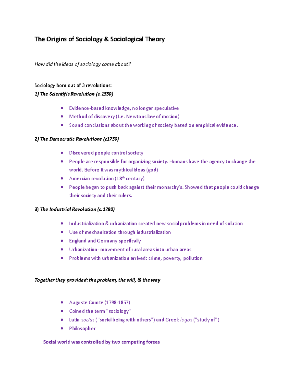 Soc Unit 1 lecture notes - The Origins of Sociology & Sociological ...
