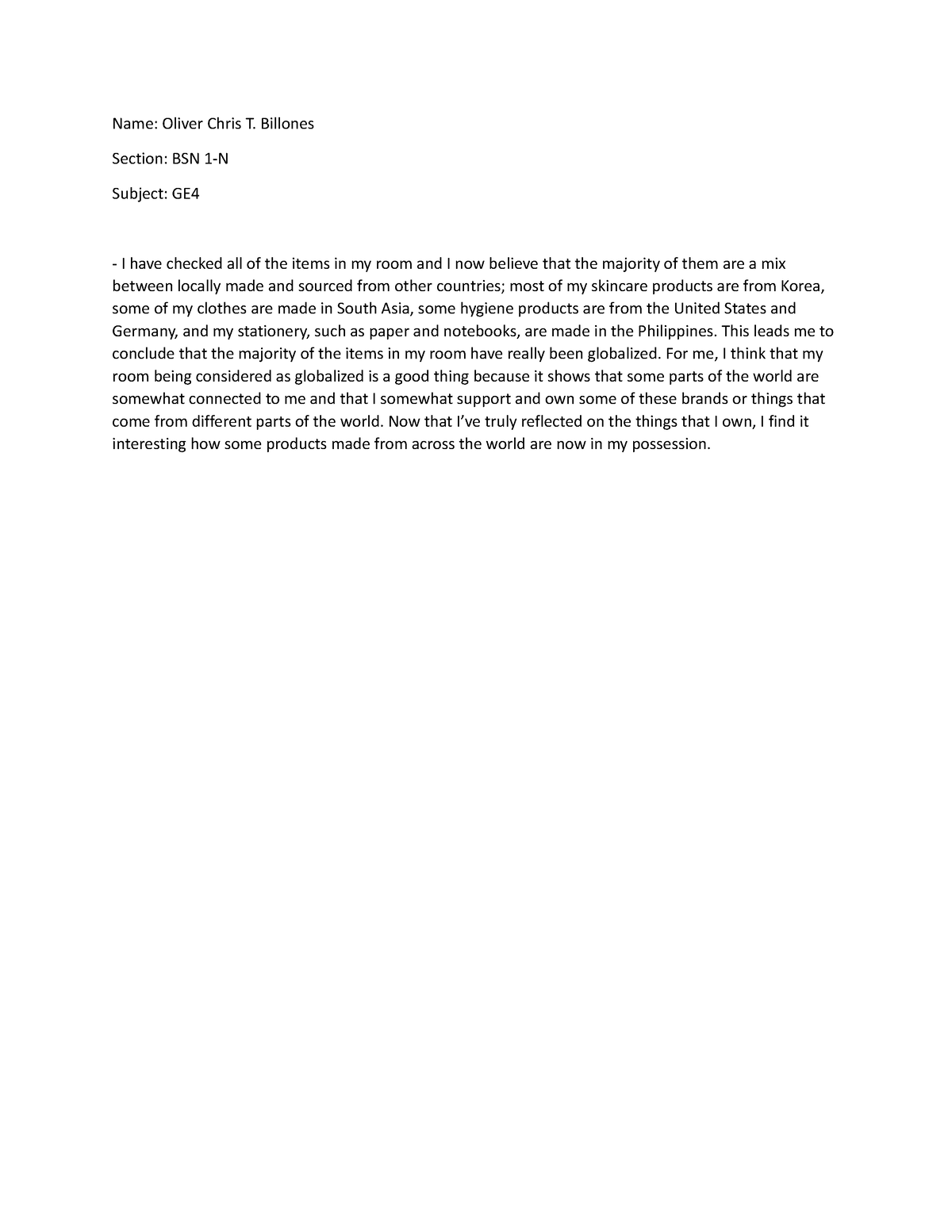 Reflection Essay REFLECTION ESSAY - Name: Oliver Chris T. Billones ...