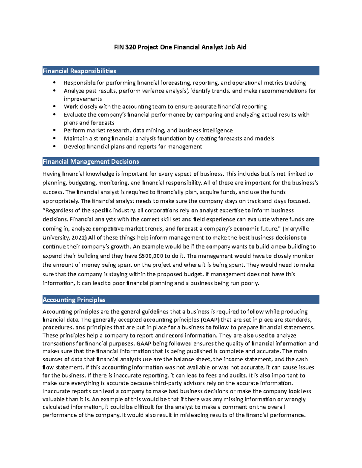 FIN 320 Project One Financial Analyst Job Aid (1) - This includes but ...