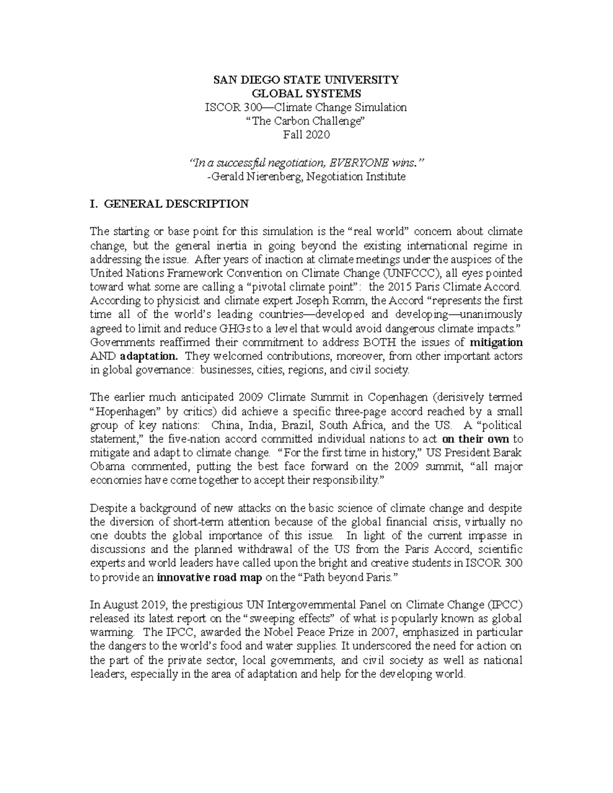 Climate Change Simulation Description Fa 20 SAN DIEGO STATE