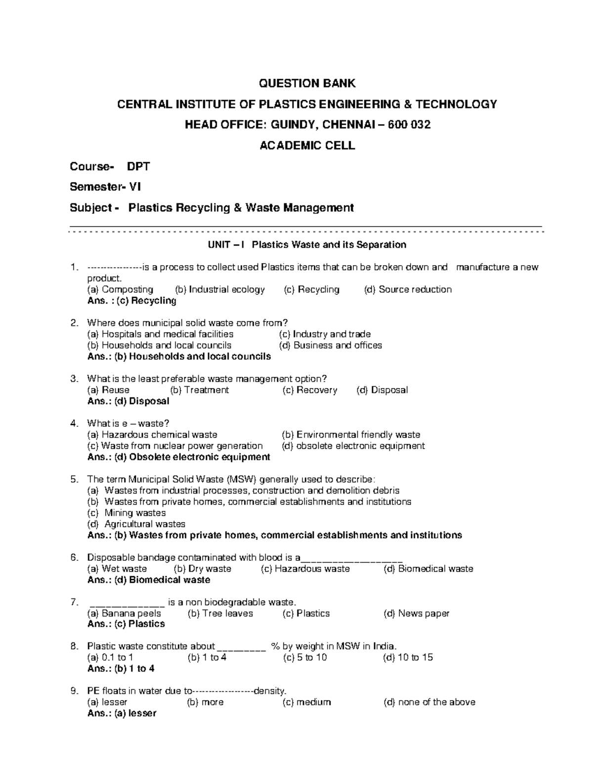 QB Plastics Recycling Waste Management QUESTION BANK CENTRAL