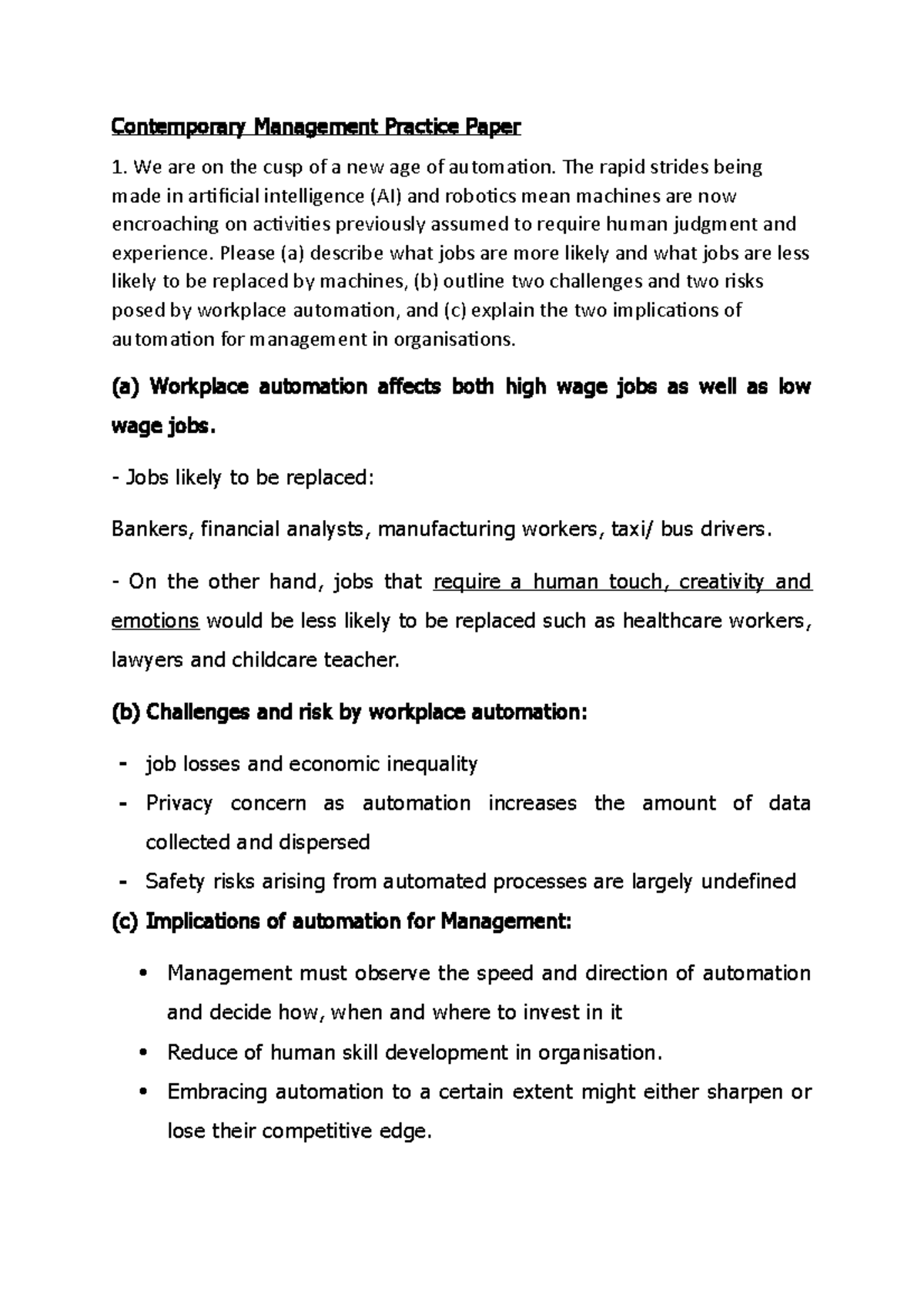 Answers to Exam Prep Contemporary Management Practice Paper We are on