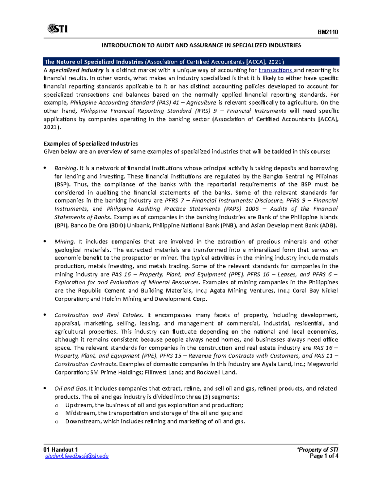 01 Handout 1(11) A specialized industry is a distinct market with a