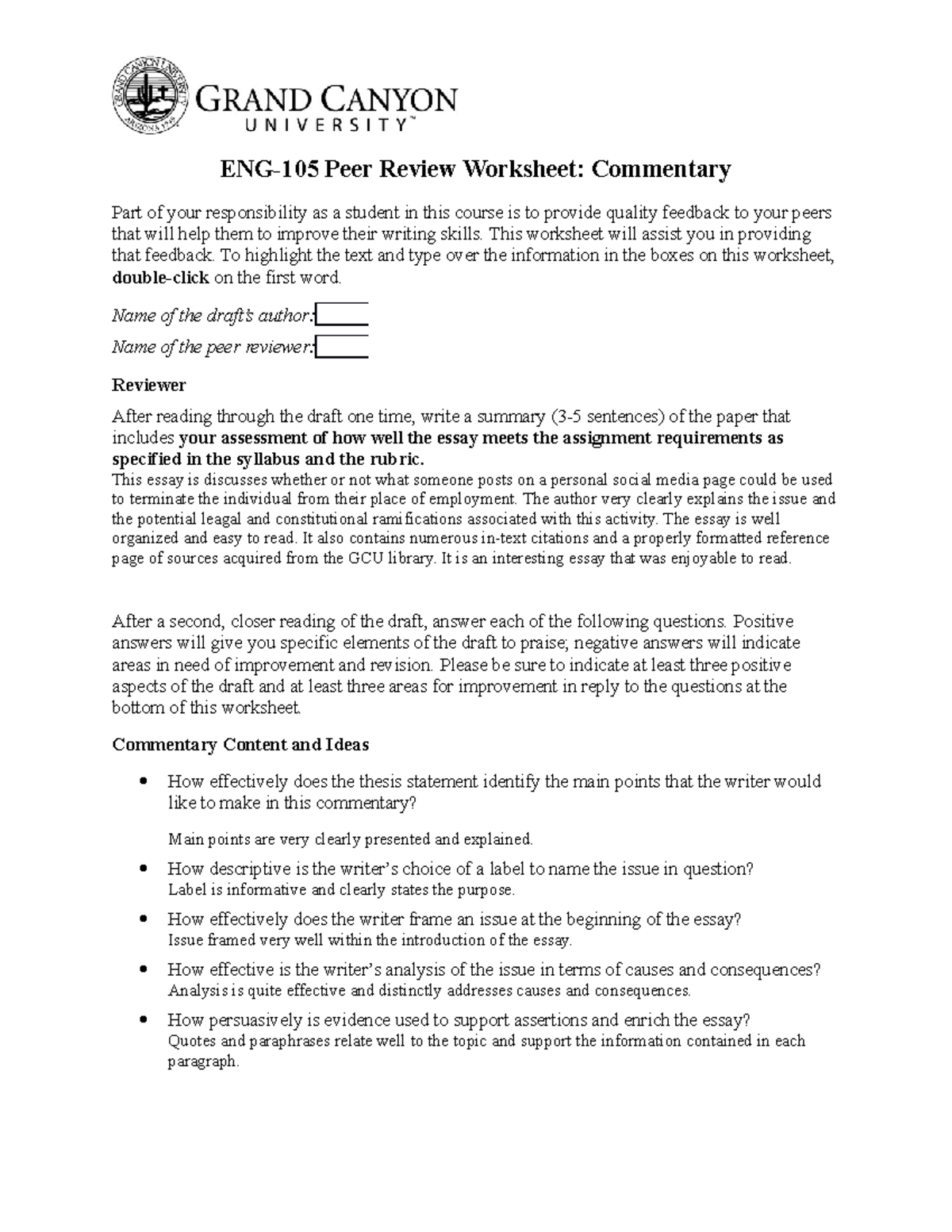 ENG105 Commentary Peer Review Worksheet - ENG-105 Peer Review Worksheet ...