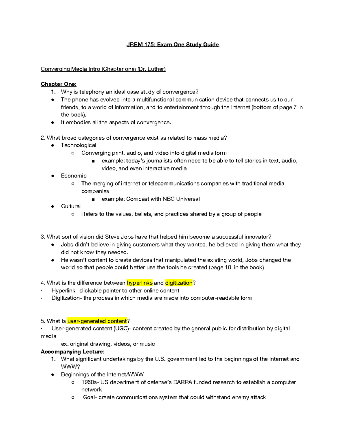 JEM Exam 1 Study Guide - JREM 175: Exam One Study Guide Converging ...