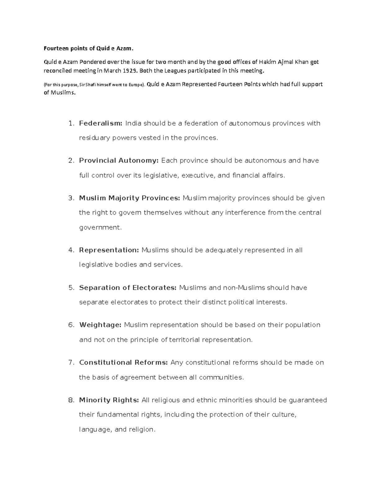 Fourteen Points of quid e Azam Quid e Azam Pondered over the issue