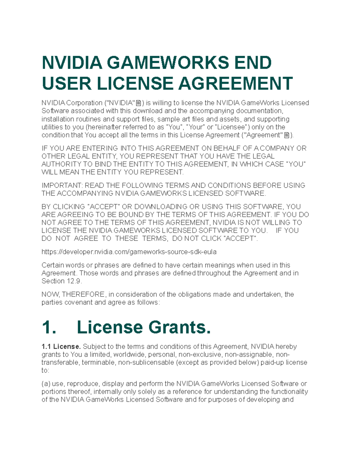 Nvidia Gameworks License NVIDIA GAMEWORKS END USER LICENSE AGREEMENT 