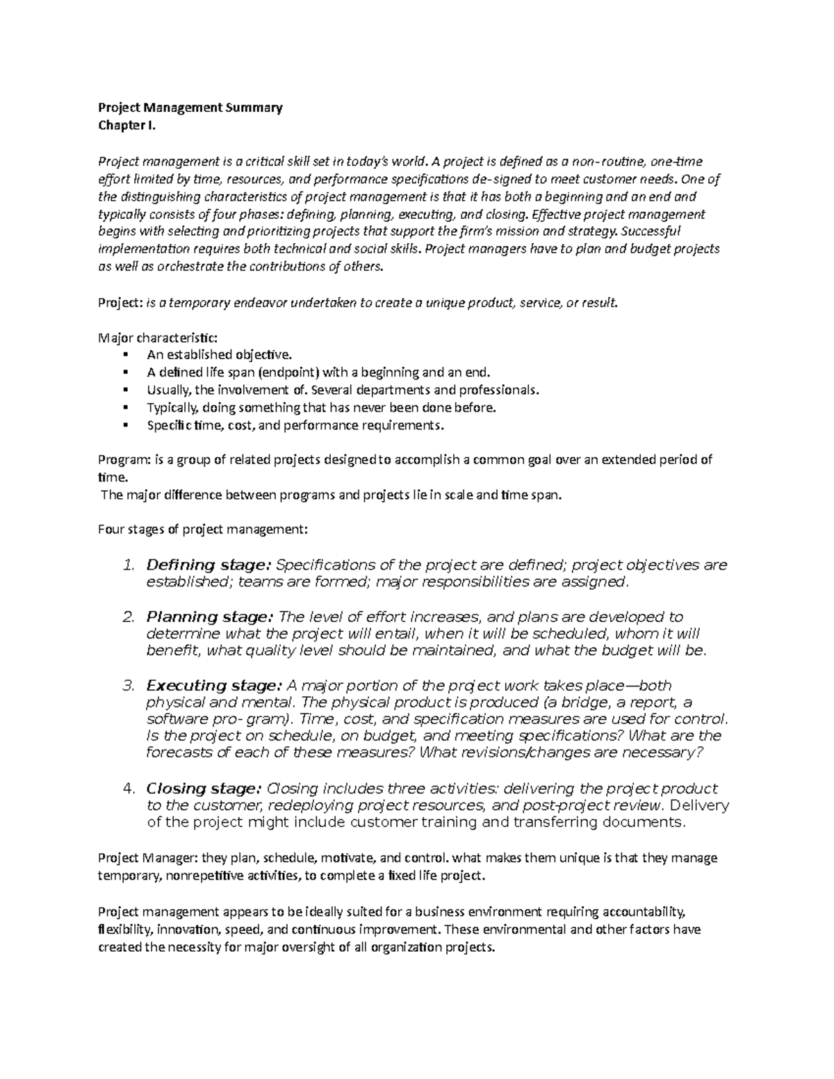 Project Management Summary CH 1-7 - Project Management Summary Chapter ...