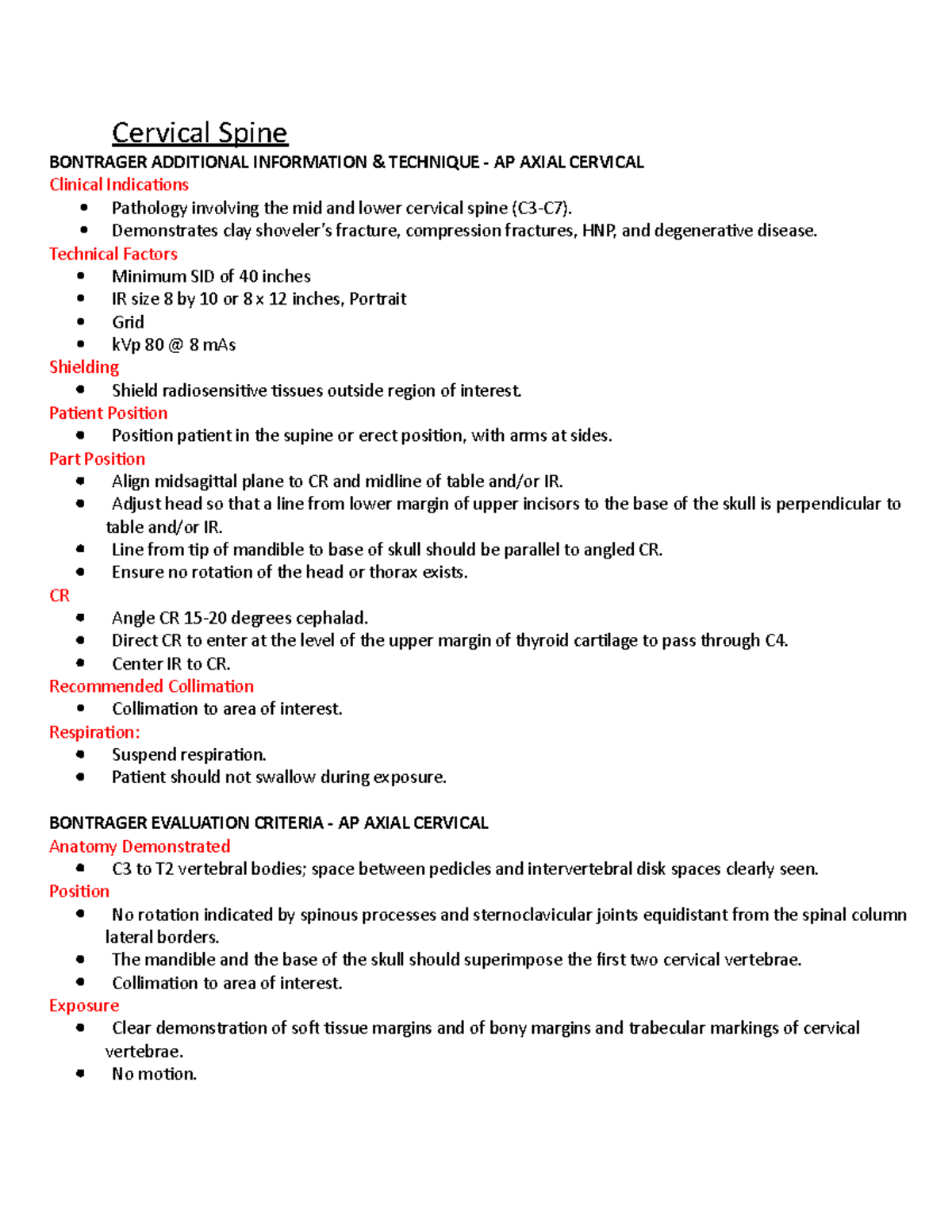 Cervical Spine - Lecture notes for positioning; will be in test - 13826 ...