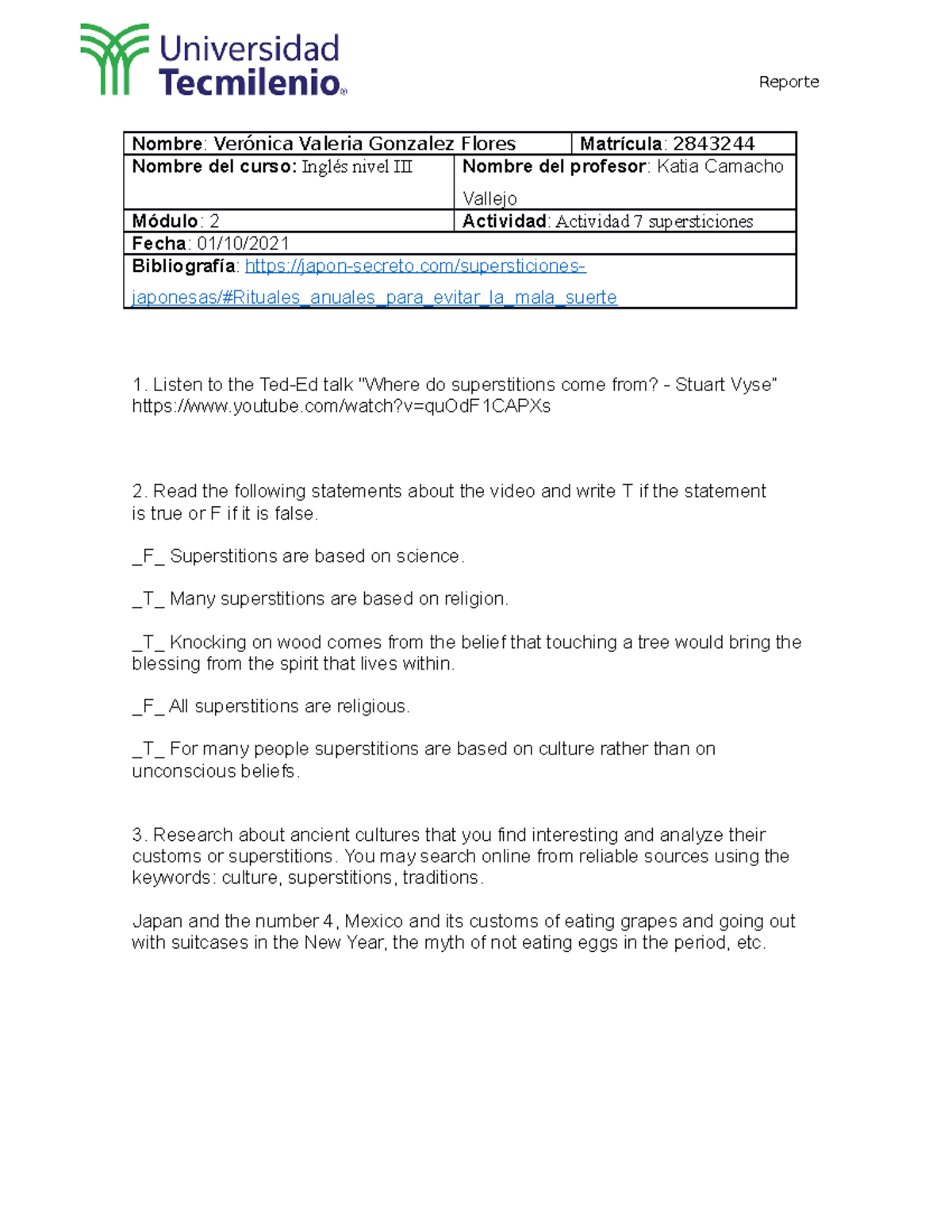 Actividad 7 supersticiones TecMilenio Inglés TecMilenio Studocu