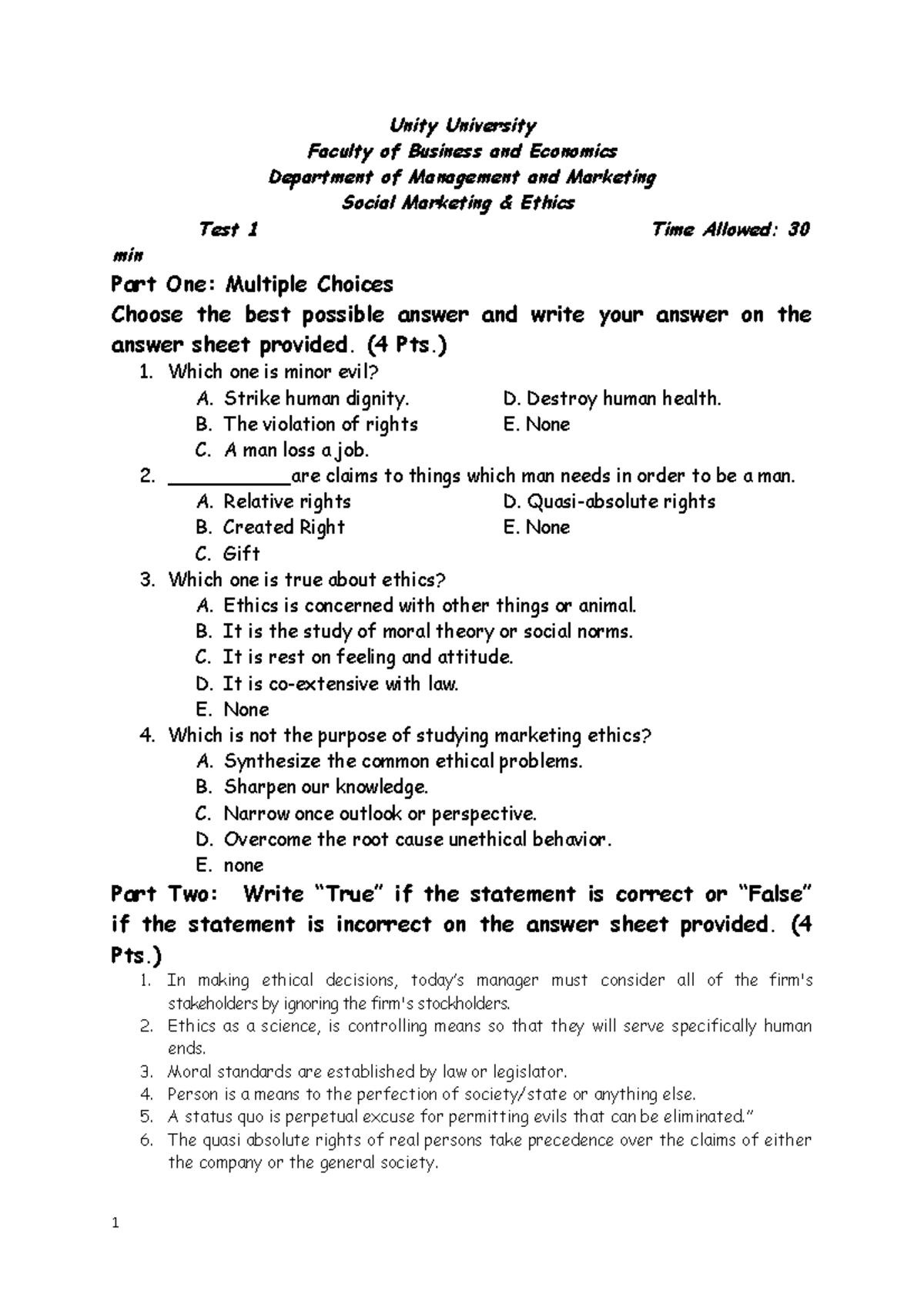 Social Marketing & Ethics Test 1 - Unity University Faculty of Business ...