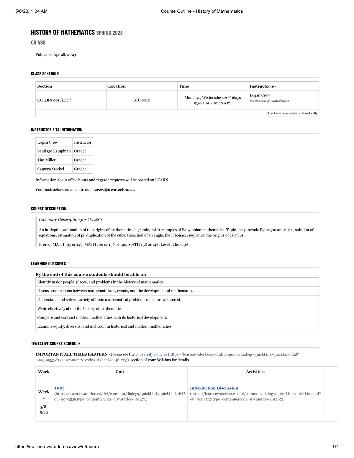 Course Outline - History of Tourism - Rec 480 - UWaterloo - Studocu