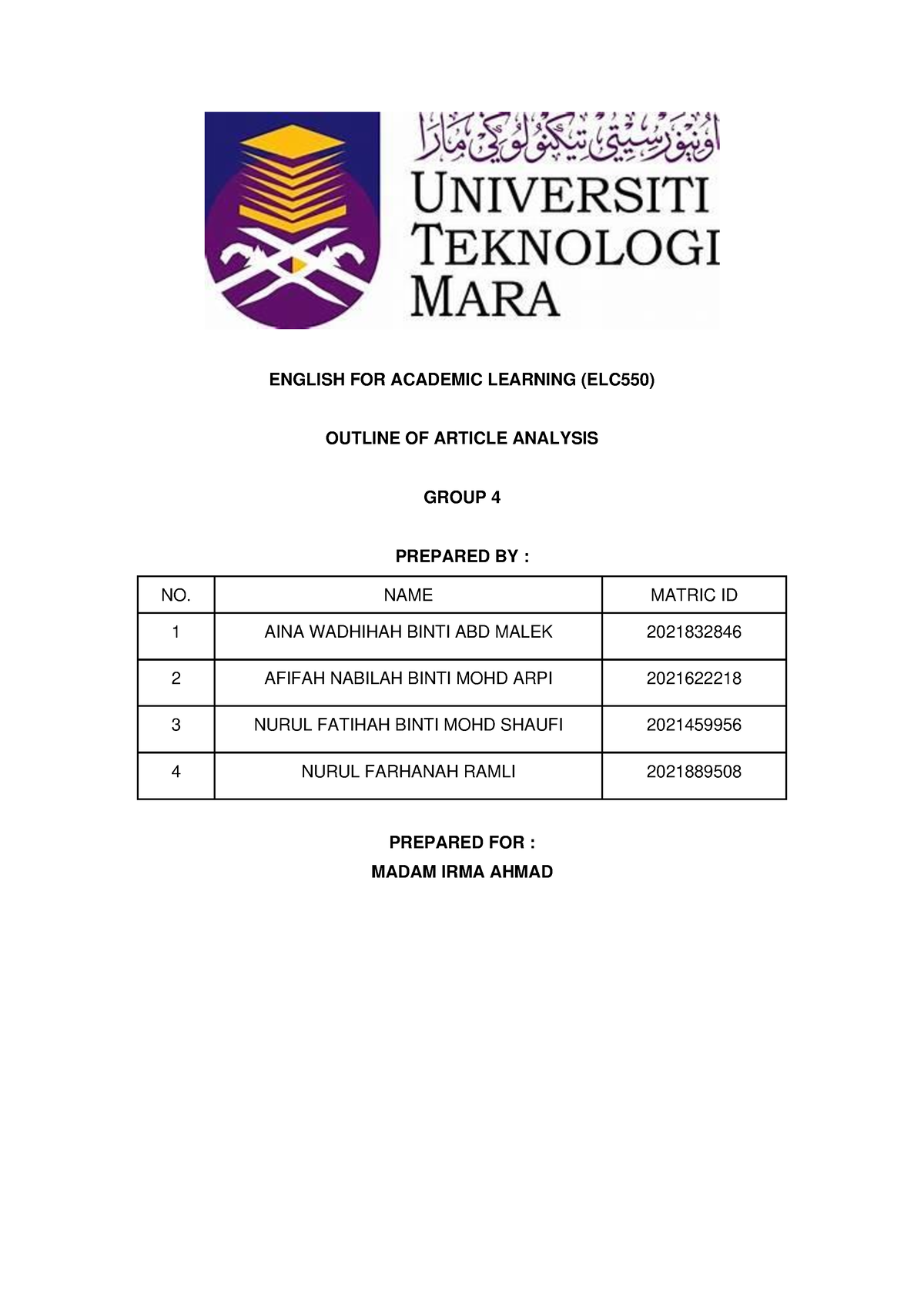 ELC550- Group 4 Outline OF Article Analysis - ENGLISH FOR ACADEMIC ...