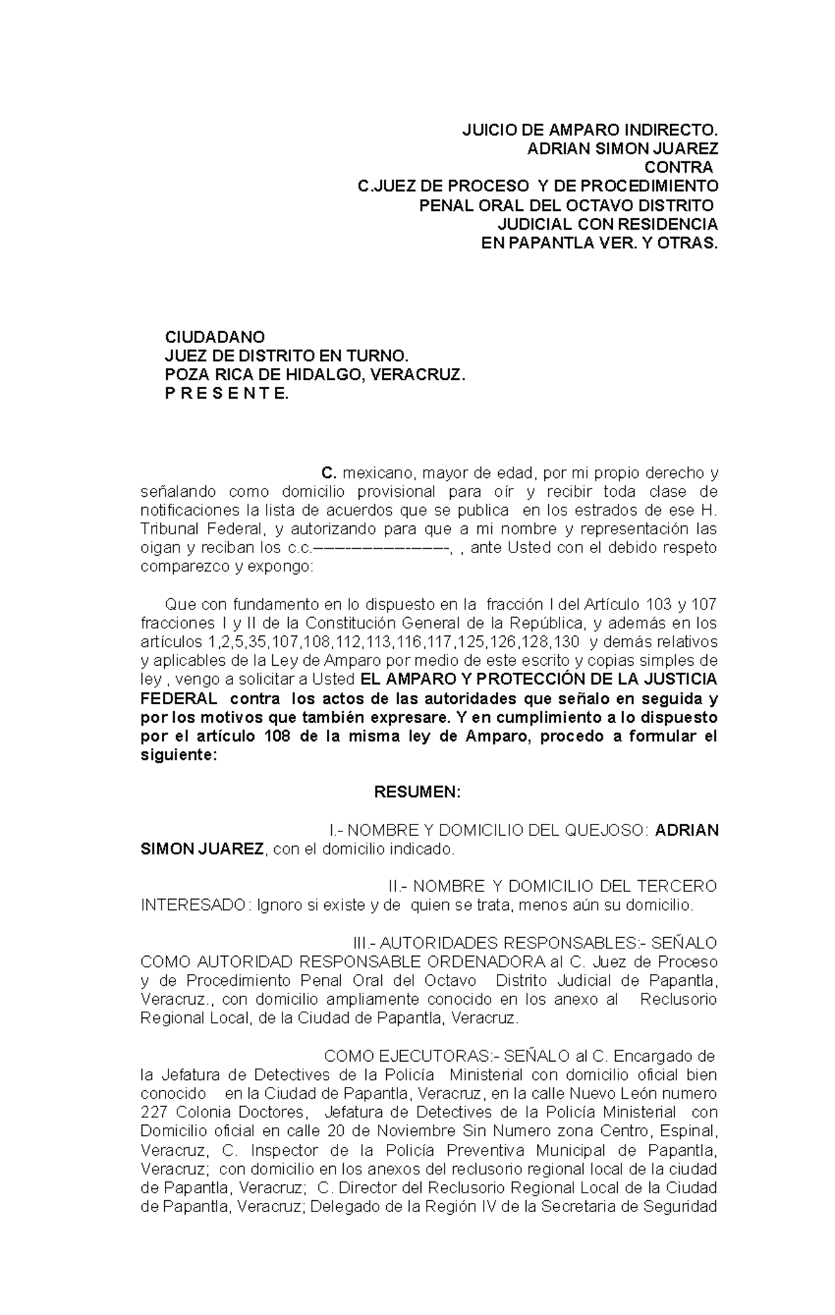 Formato de amparo contra una posible orden de aprehencion - JUICIO DE ...