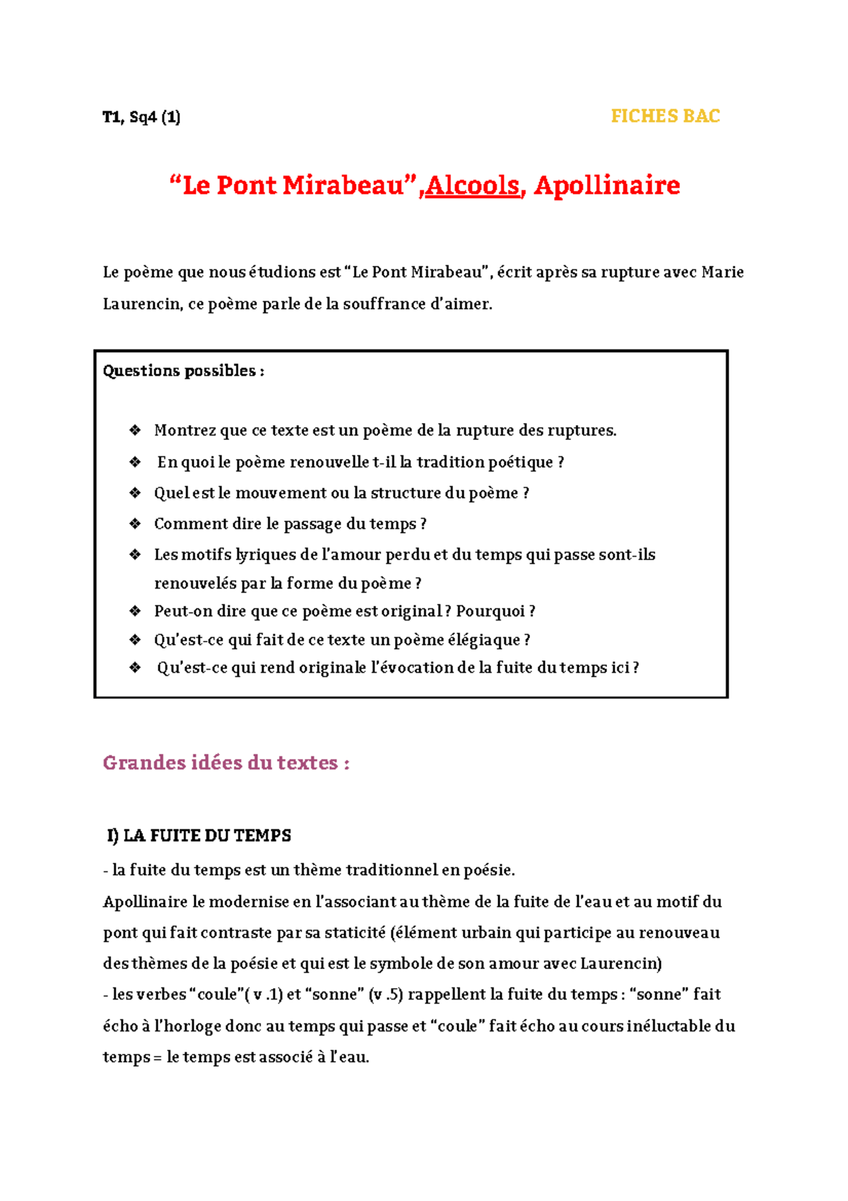 Texte 1, Le pont Mirabeau T1, Sq4 (1) FICHES BAC “Le Pont Mirabeau
