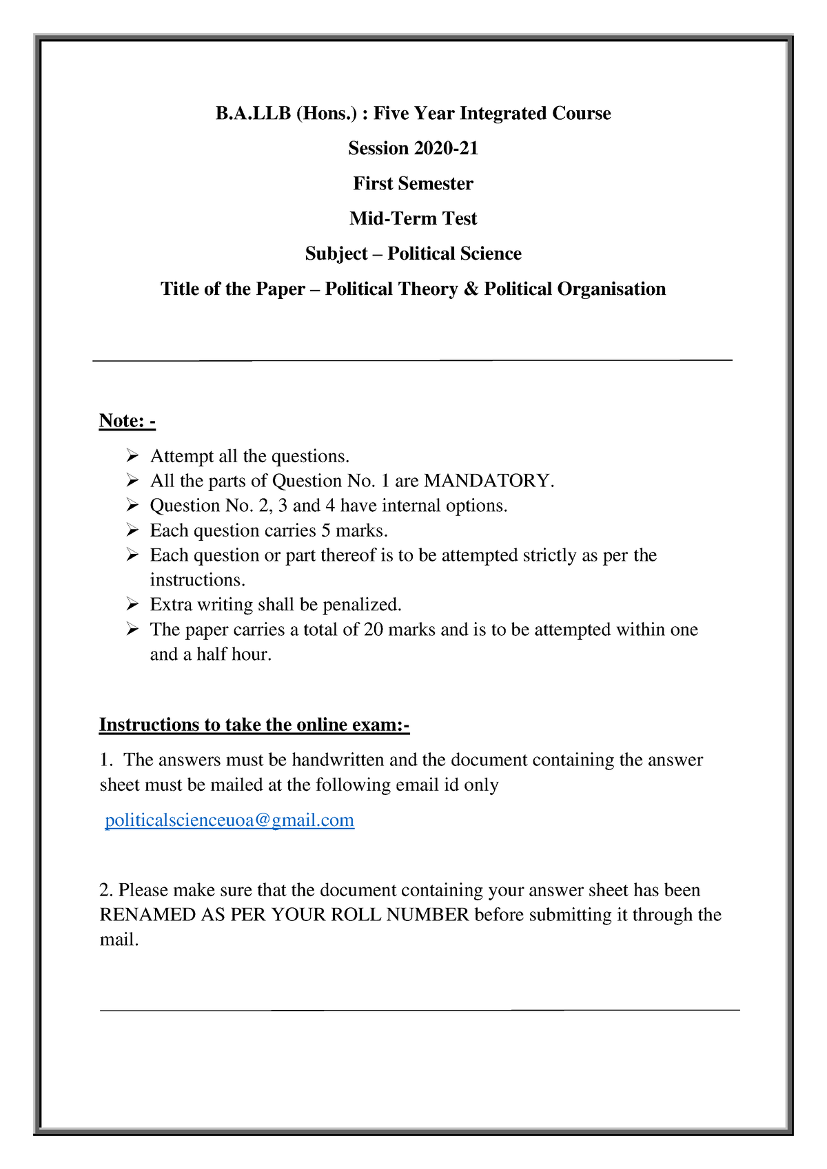 Political Science Question Paper - B.A (Hons.) : Five Year Integrated ...