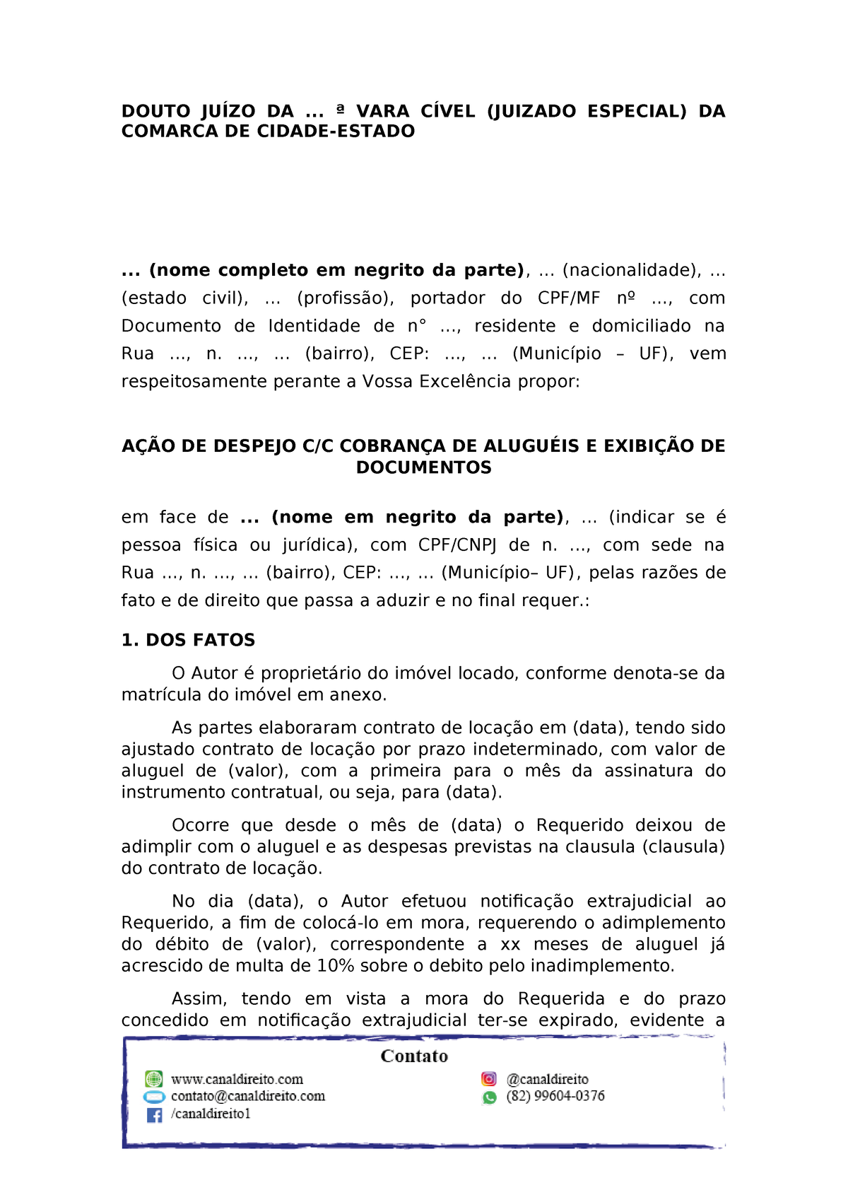 Modelo De AÇÃo De Despejo Pdf Douto JuÍzo Da ª Vara CÍvel Juizado Especial Da Comarca 7261