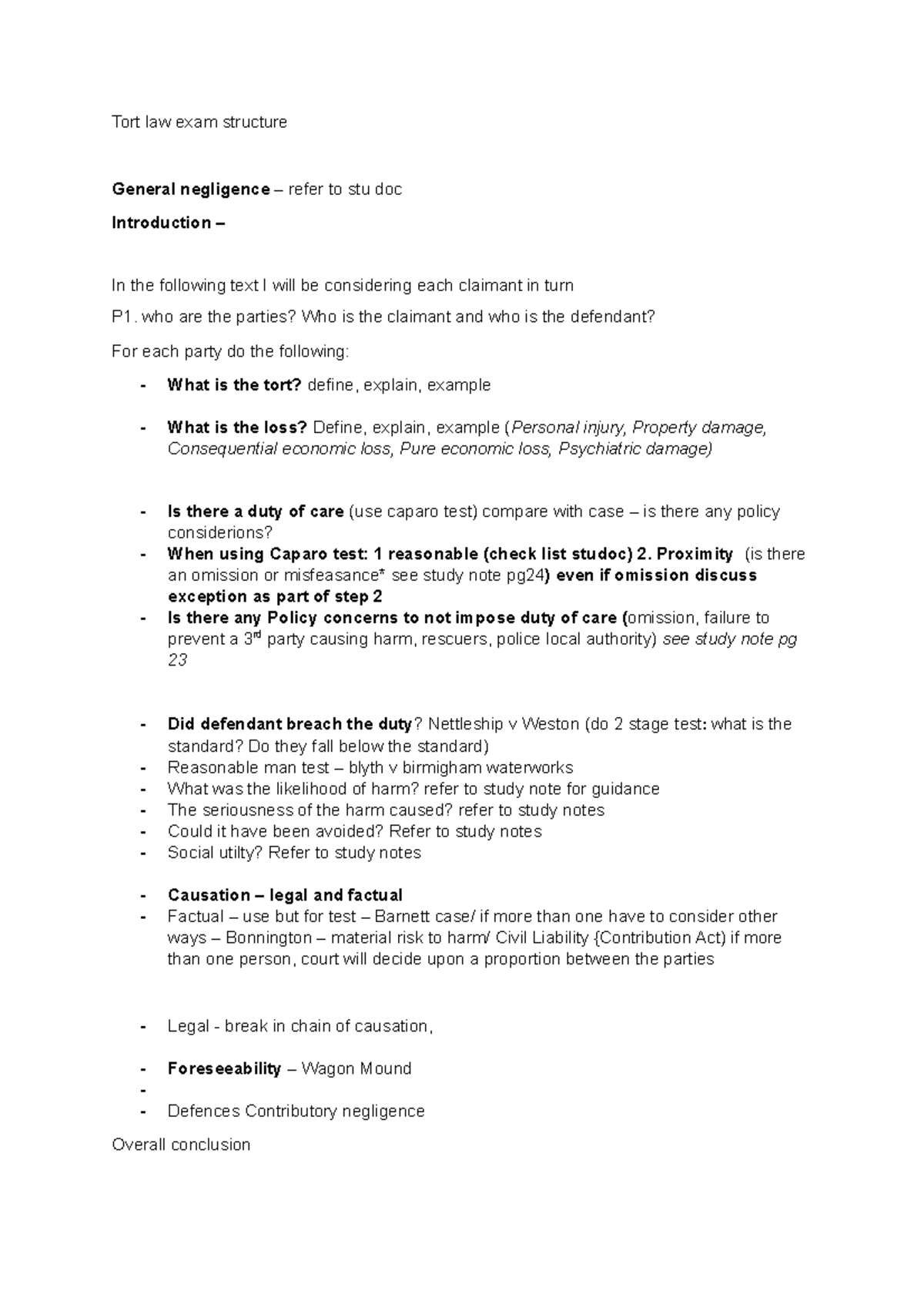 Tort law exam structure (negligence) - Tort law exam structure General ...