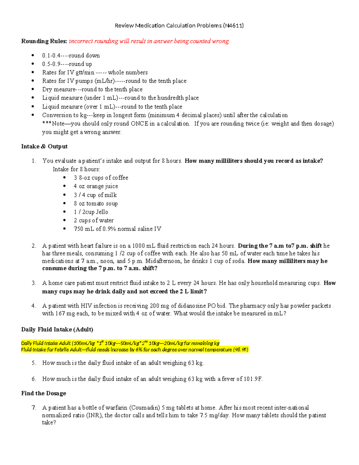 Med Calc Test (N4611 Review) (3) - Review Medication Calculation ...