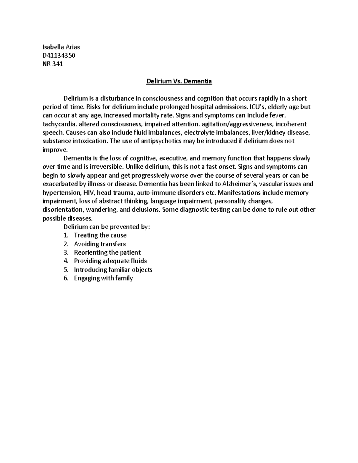 Delirium VS Dementia - Reflection - Isabella Arias D NR 341 Delirium Vs ...