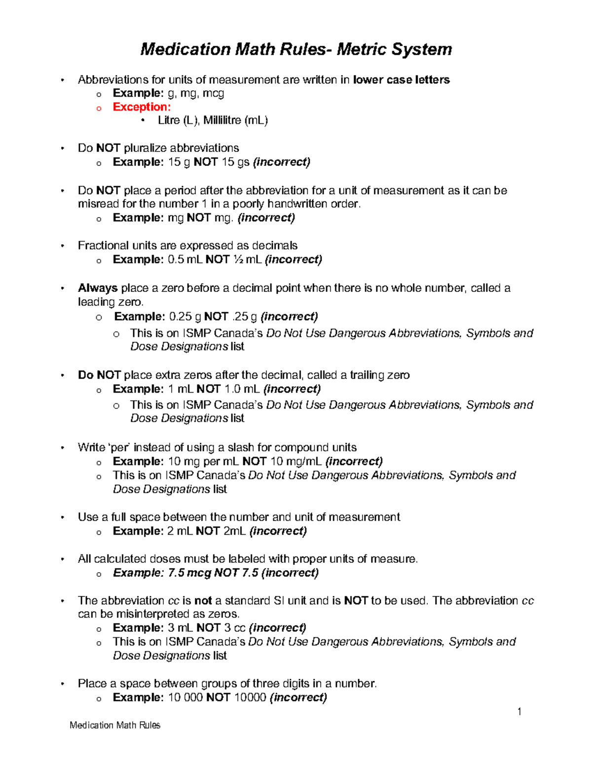 Medication Math Rules 2024 - 1 Medication Math Rules- Metric System ...