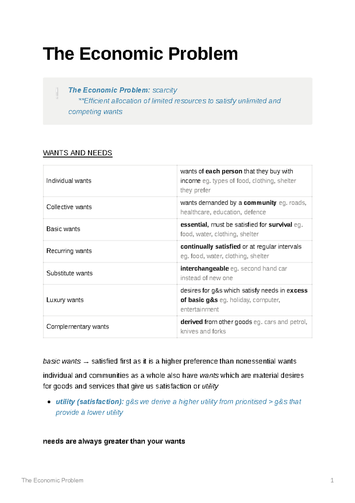 The Economic Problem - types of food, clothing, shelter they prefer ...