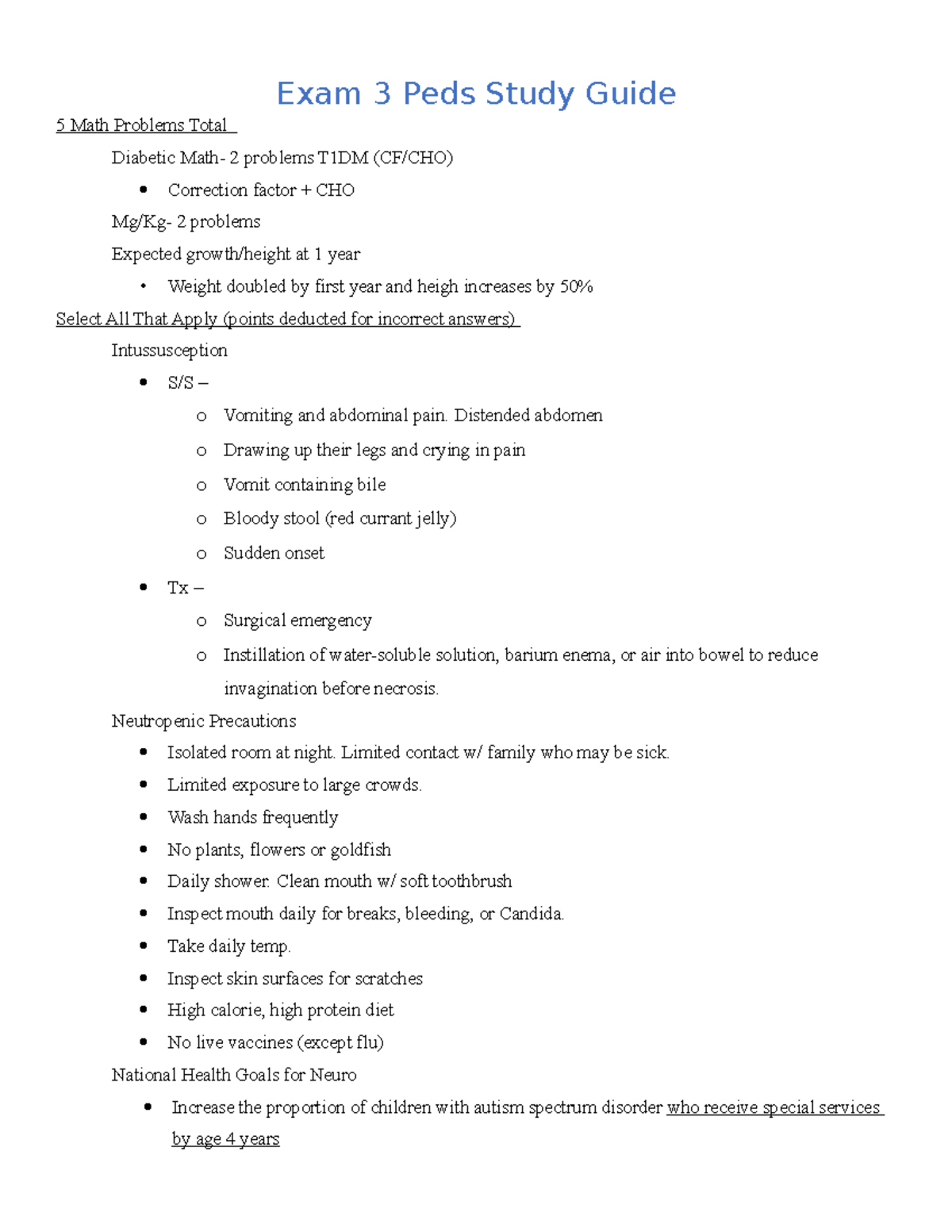 Exam 3 Peds Study Guide - Notes - Exam 3 Peds Study Guide 5 Math ...