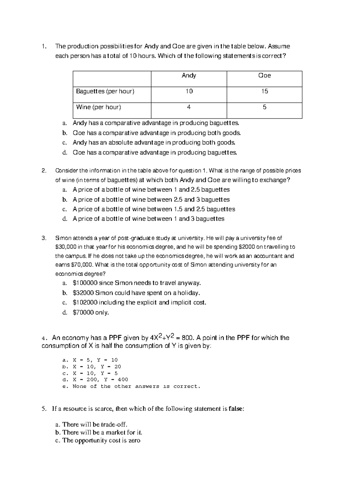 ECON1001 Midsem Practice Questions - 1. The production possibilities ...