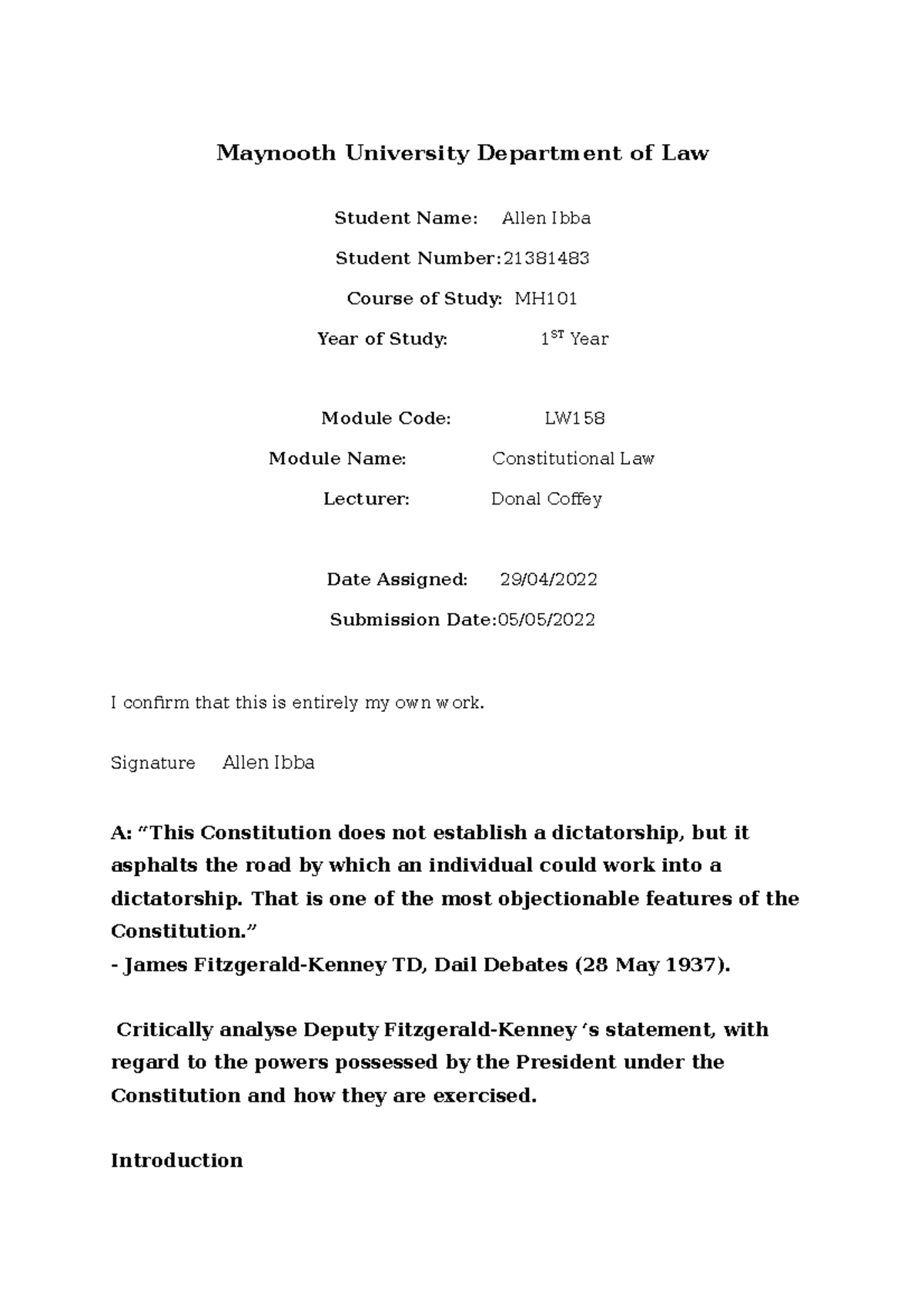 Constitutional Assessment Maynooth University Department of Law