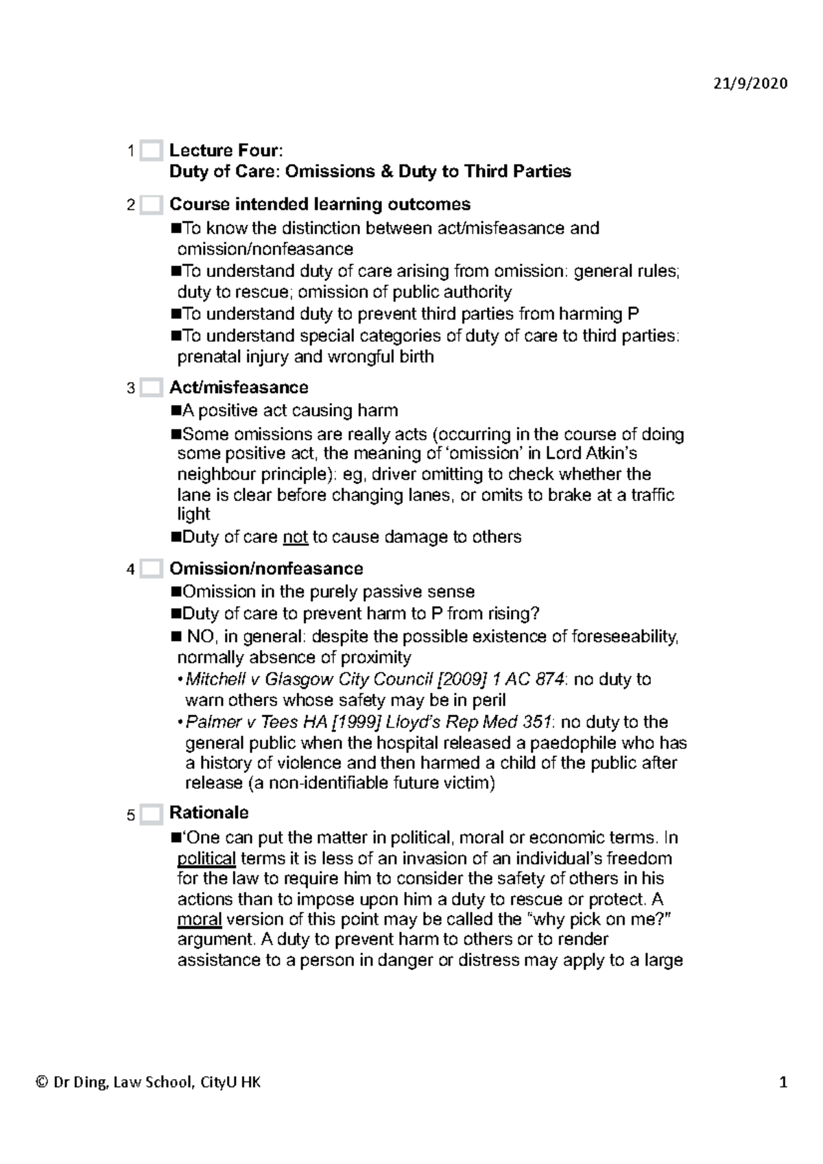 Tort (Omissions And Third Party) - Lecture Four: Duty Of Care ...