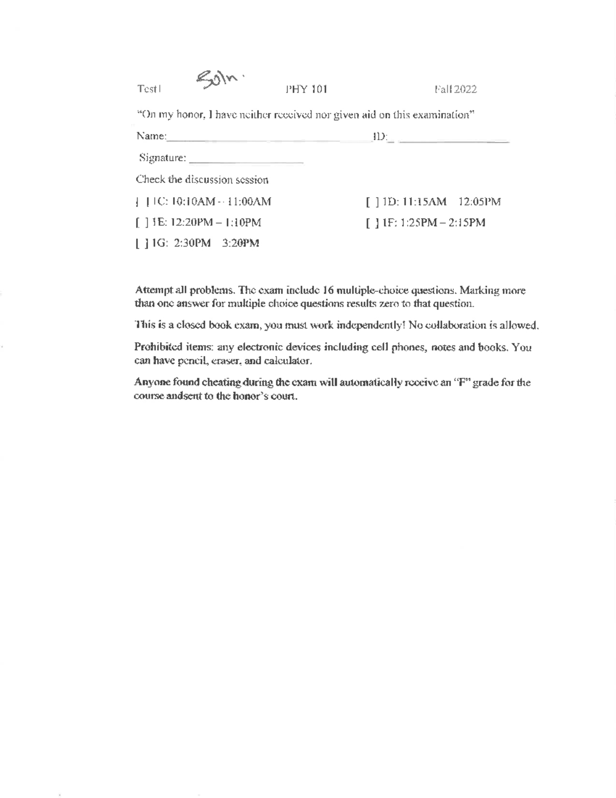 Test1-Soln - PHY 101 Test 1 Solutions - PHY 101 - Studocu
