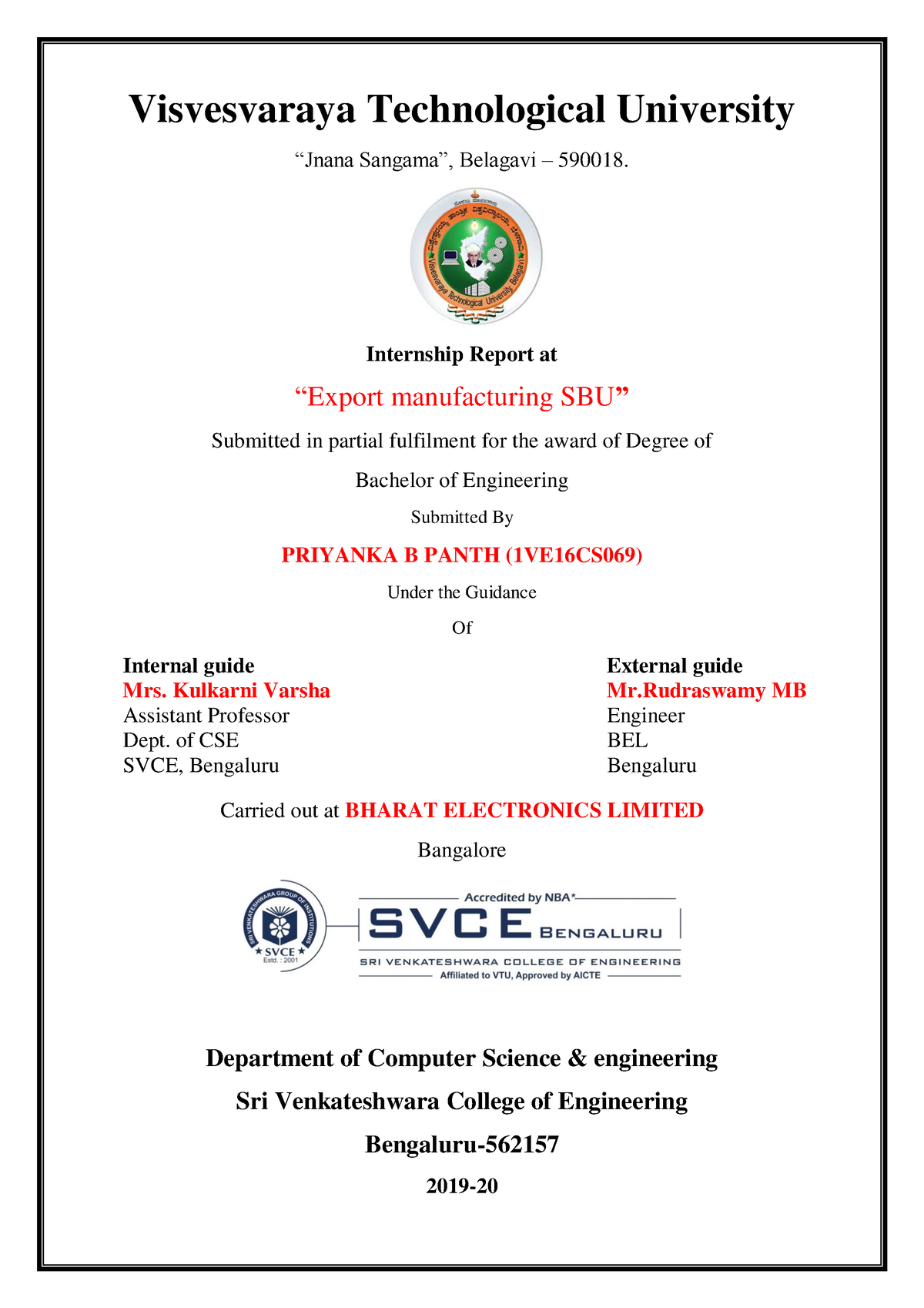 Internship Report Visvesvaraya Technological University Jnana